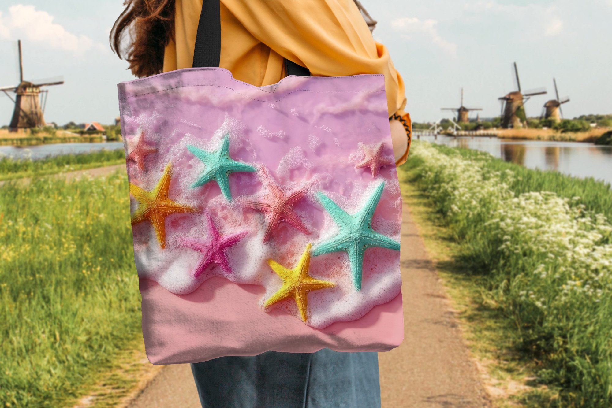 MuchoWow Shopper Seestern - Strand - Wellen, Handtasche, Damen und Herren, Schultertasche, Umhängetasche, Tote Bag