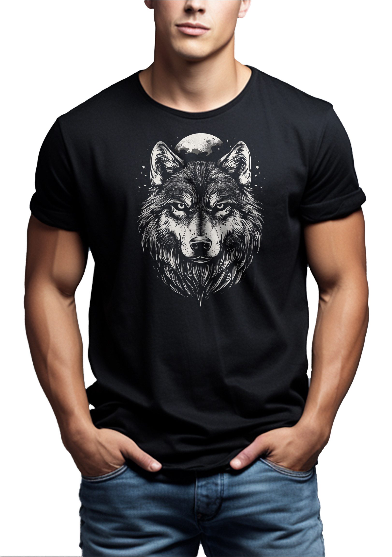 MAKAYA T-Shirt mit Wolfskopf Vintage Wolf Motiv für Männer Wikinger Mond Vi günstig online kaufen