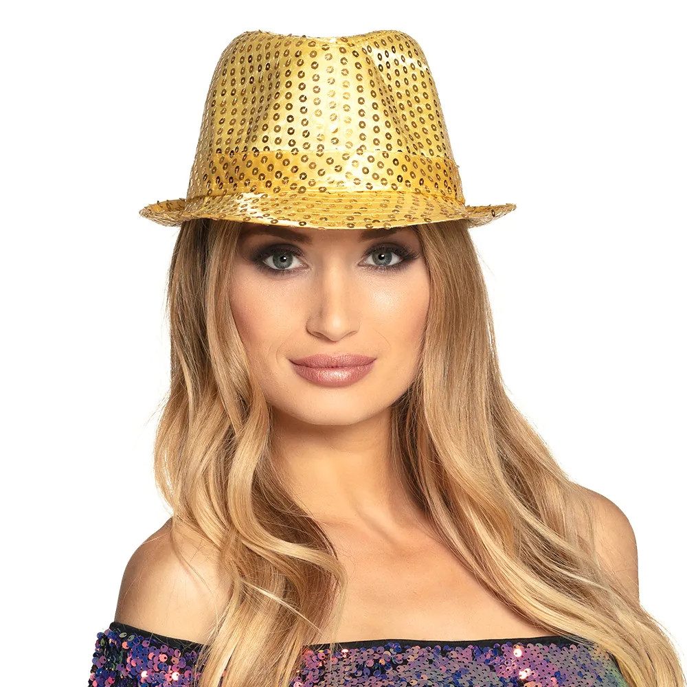 Boland Kostüm Pailletten-Hut glitzernd Popstar Hut goldfarben für Karneval Disco, farbenfrohes Basic-Accessoire für Karneval, Disco und Festivals