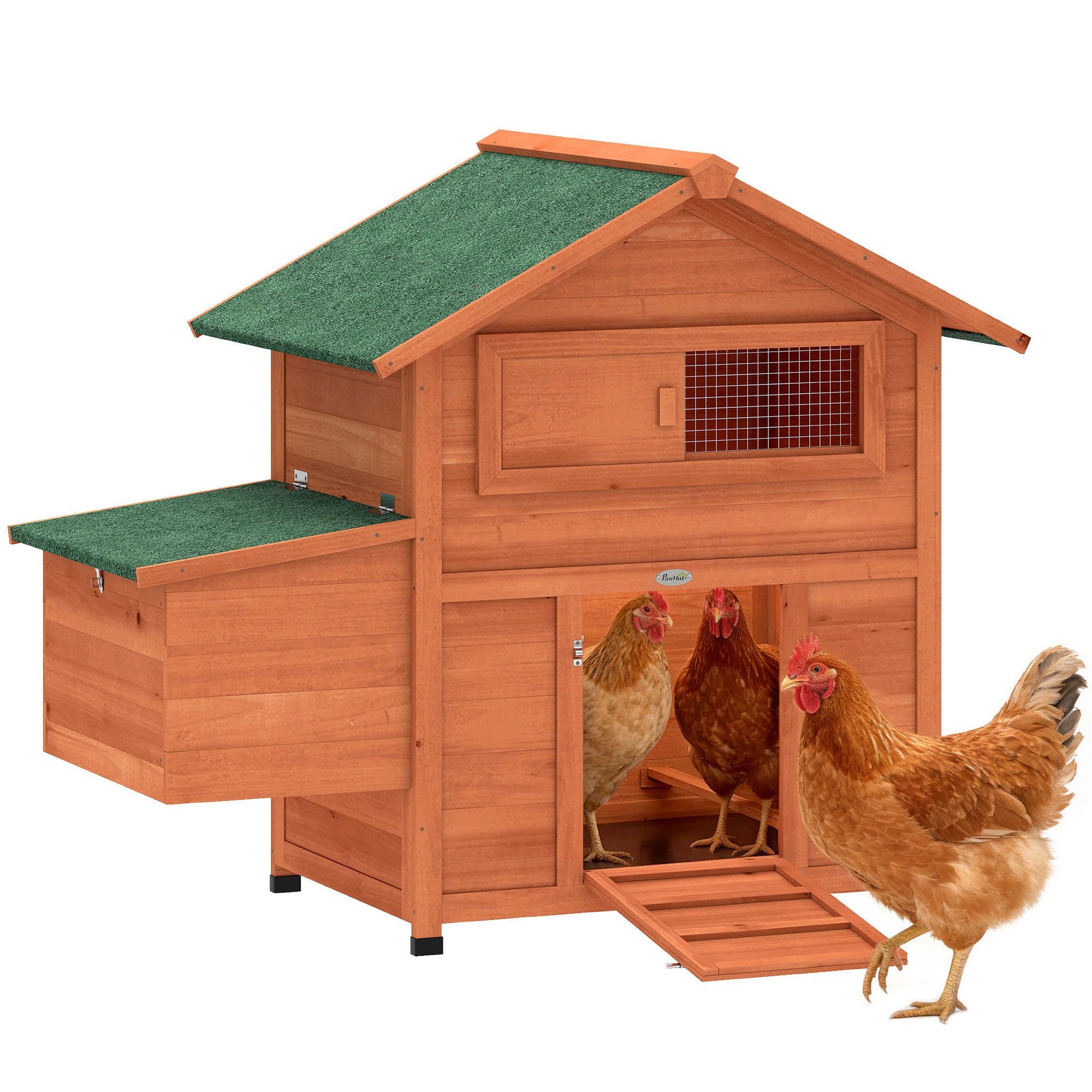 PawHut Hühnerstall Hühnerhaus aus Holz mit Nistkasten 2 Sitzstangen Rampe Schiebefenster, für 2 Hühner Enten Kaninchen 113,5x67,5x95,5 cm Orange