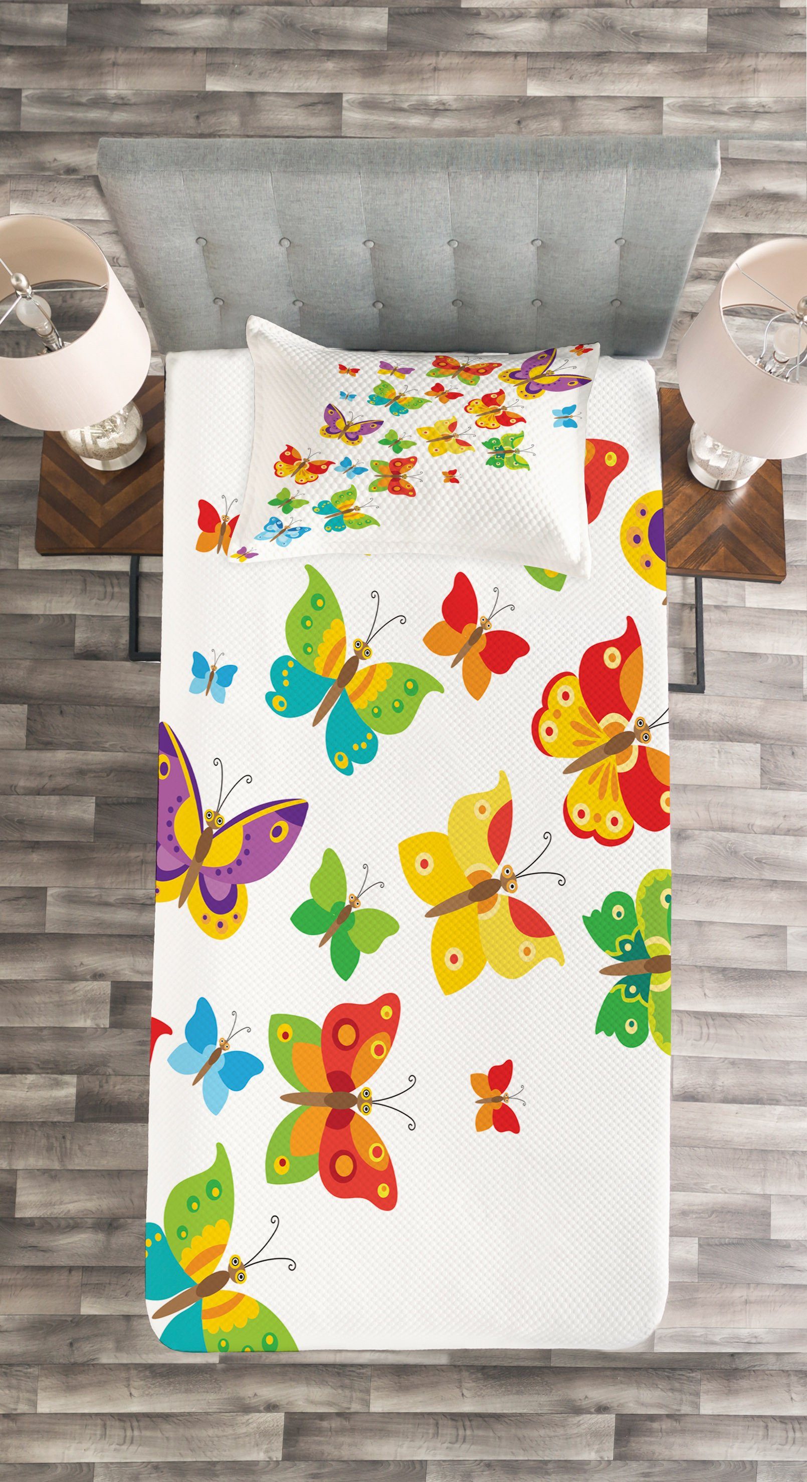 Tiere Schmetterling Set Abakuhaus, Waschbar, Cartoon Kissenbezügen mit Tagesdecke Frühling