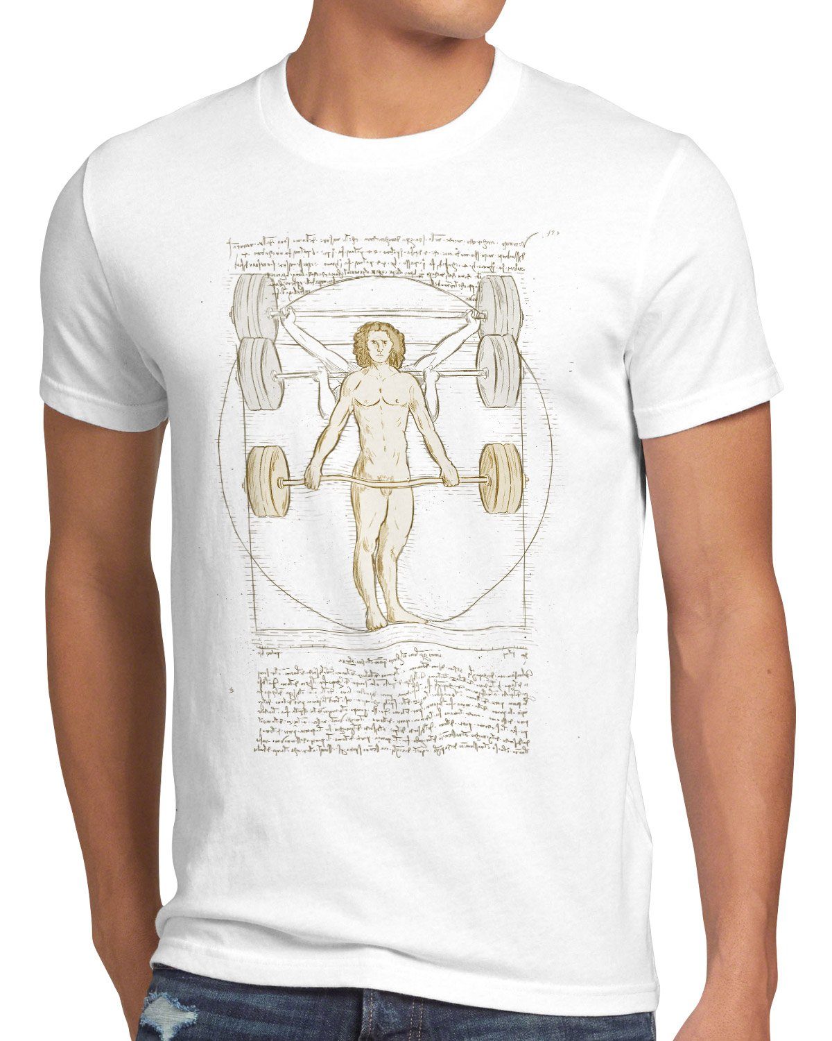 style3 Print-Shirt Herren T-Shirt Vitruvianischer Mensch mit Langhantel kreuzheben fitnesstudio weiß
