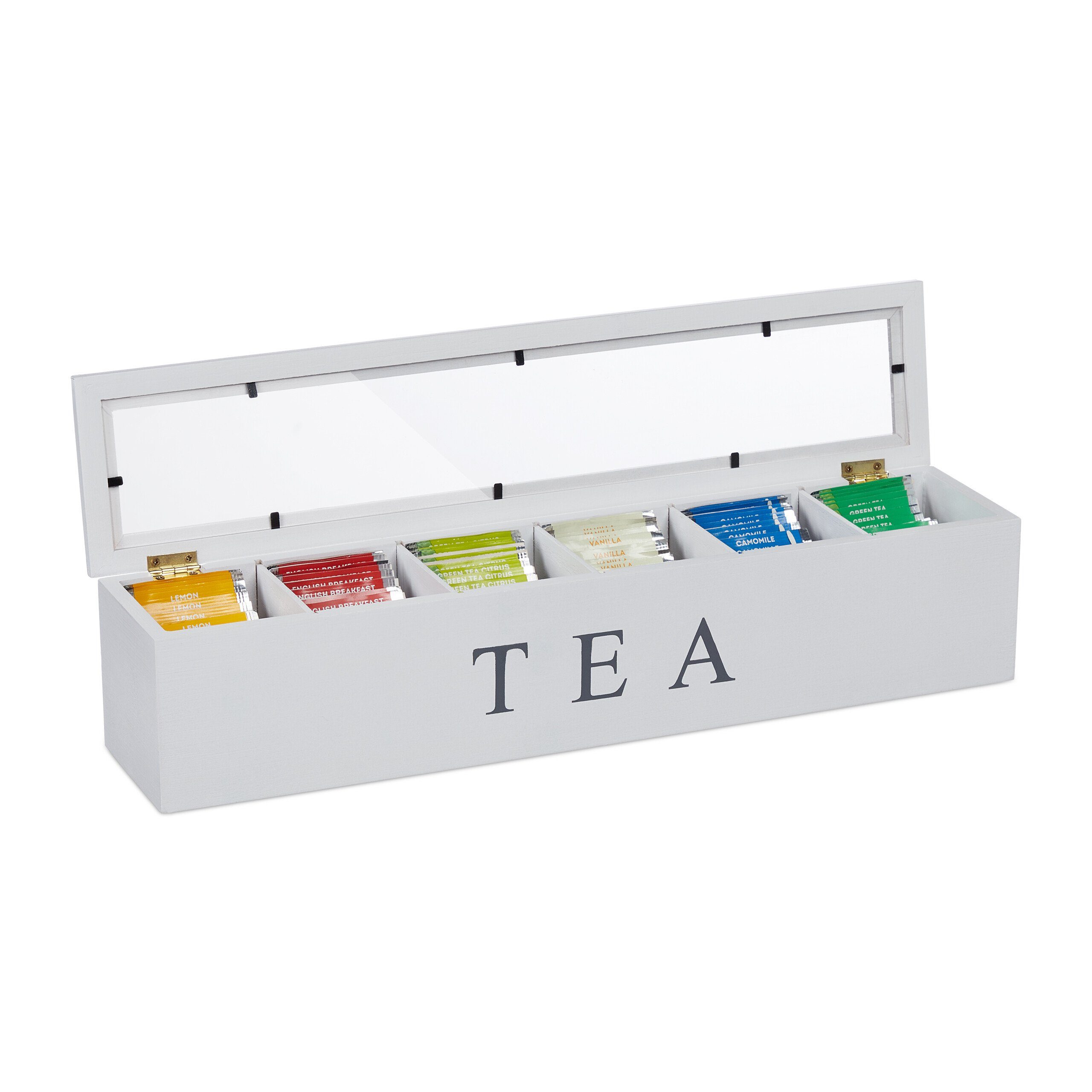 Relaxdays Teebox Transparent - 6-Fach Teebeutel Aufbewahrung 9x21,5x15cm