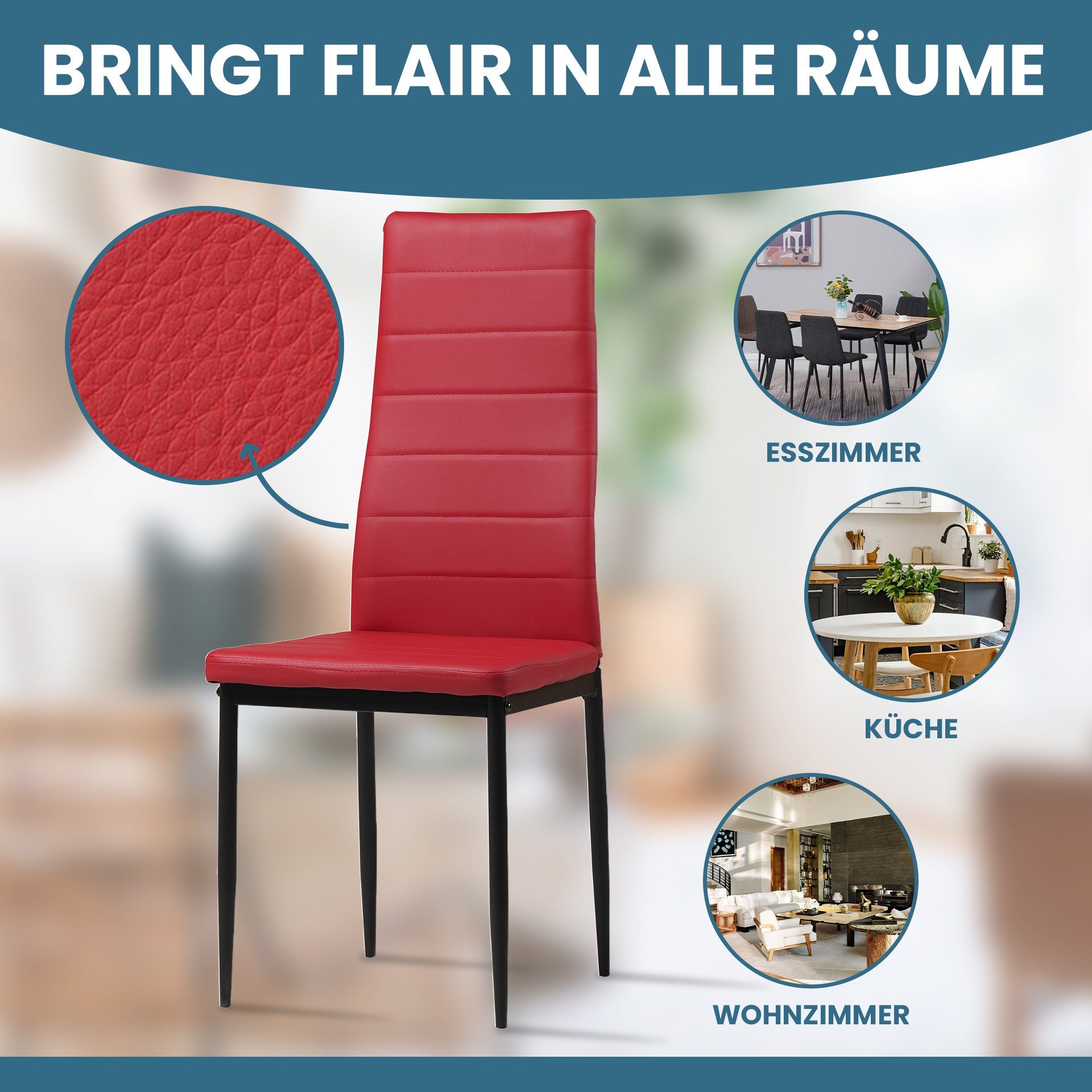 Albatros International Esszimmerstuhl Esszimmer Stühle 4 er Set MILANO, Stuhl Stühle Esszimmerstühle, Küche (4er Set, Rot, Kunstleder Bezug), Küchenstuhl Küchen – Bild 4 von 5