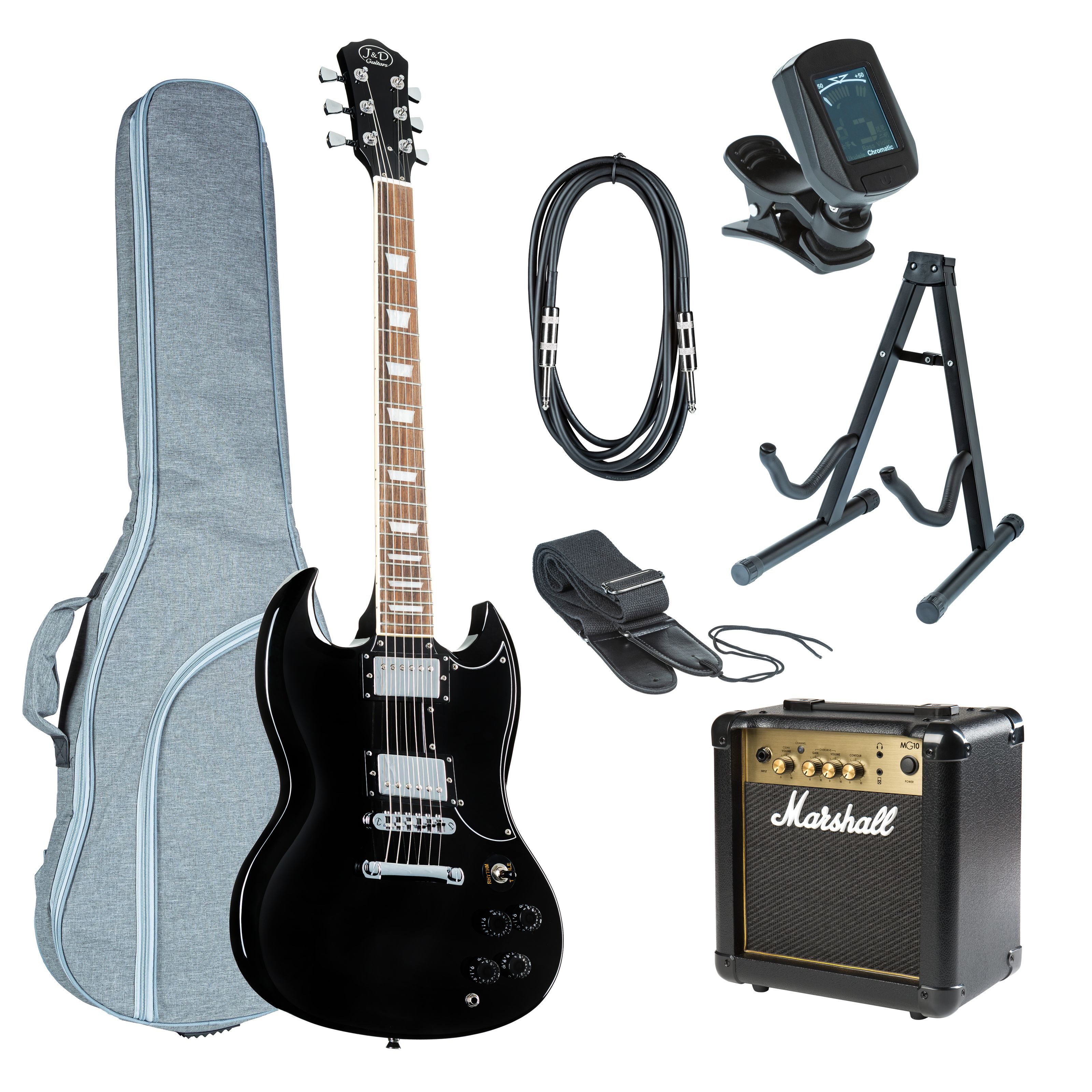 J & D E-Gitarre, E-Gitarren, E-Gitarren-Sets, GG1S II BK Black + MG 10 - E-Gitarren Anfänger Set
