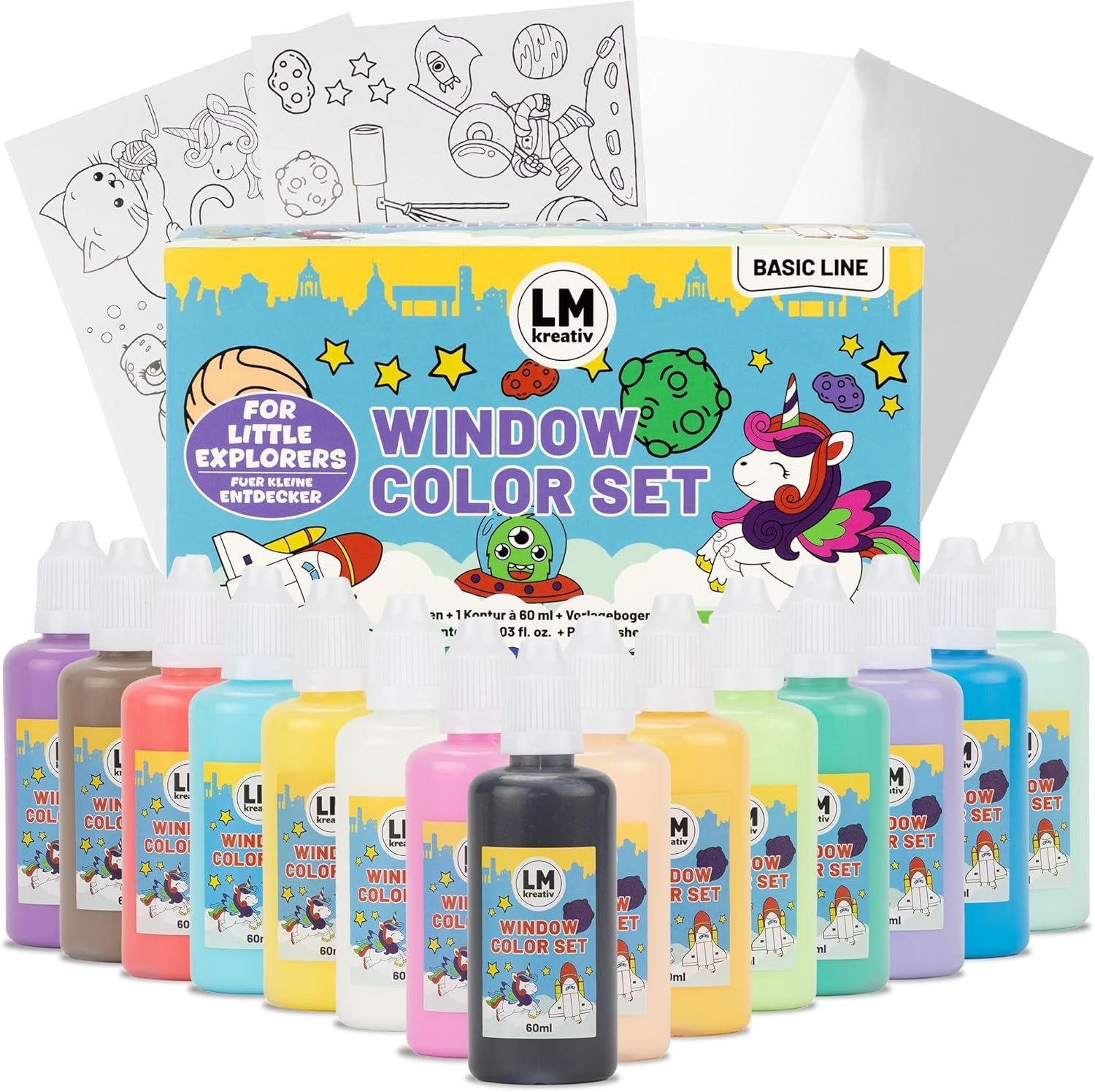 LM-Kreativ Bastelfarbe Window Color Set Kleine Entdecker – 15 Farben à 60 ml, XXL-Set, wiederablösbar, inkl. Konturen, Folien & Vorlagenheft