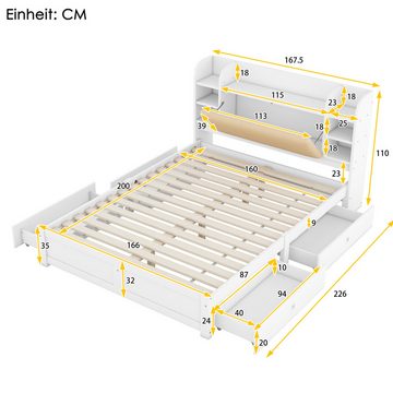 DOPWii Bett 160*200cm Flachbett,Teilweise Aufklappbares Kopfteil,Vier Schubladen, Holzbett,Mehrere Staufächer,Weiß