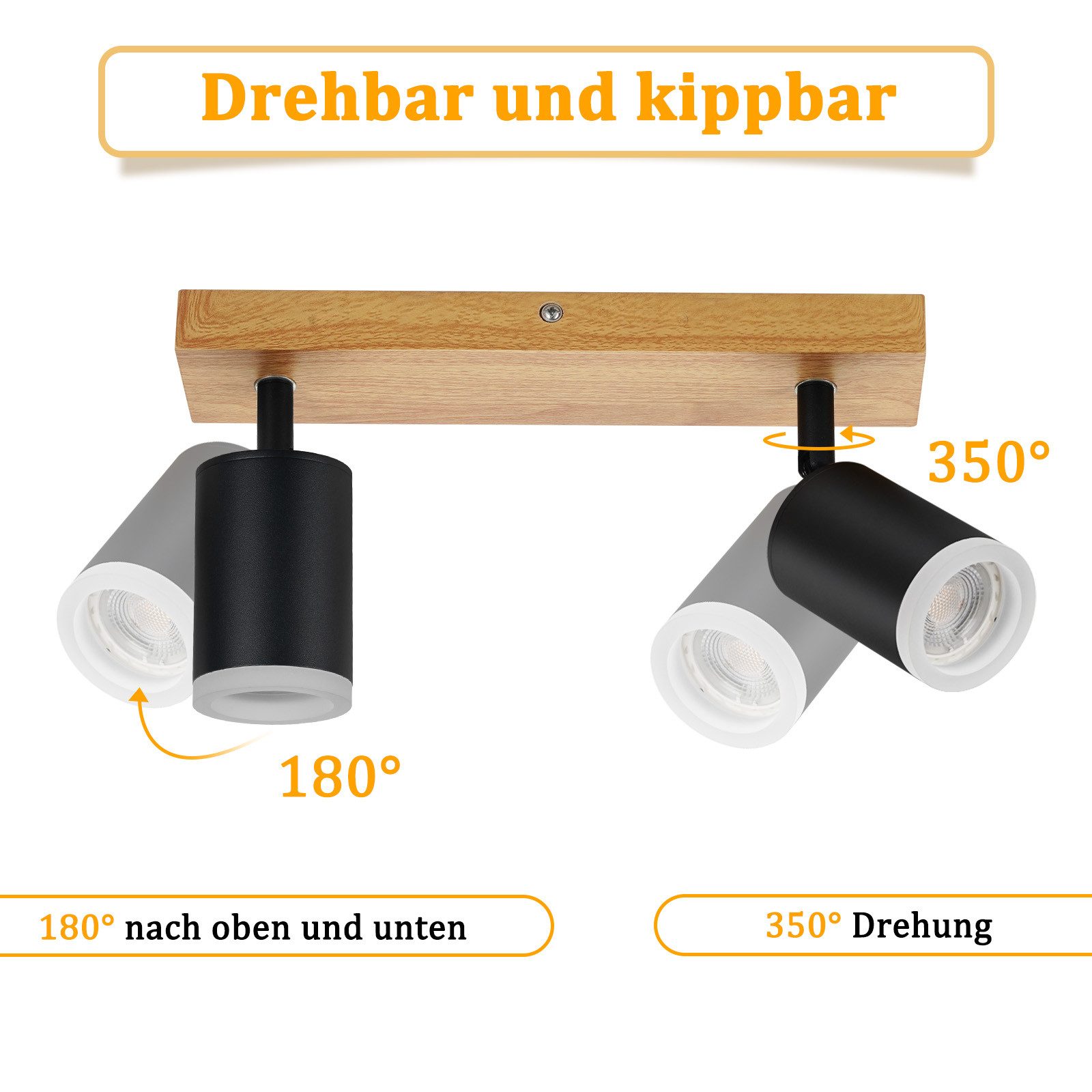 Nettlife Deckenstrahler Schwarz/Weiß GU10 Holz Vintage Deckenspots Küchenlampe, Schwenkbar, LED wechselbar, 350°Drehbar Flur Strahler Industrial für Wohnzimmer  – Bild 3 von 5