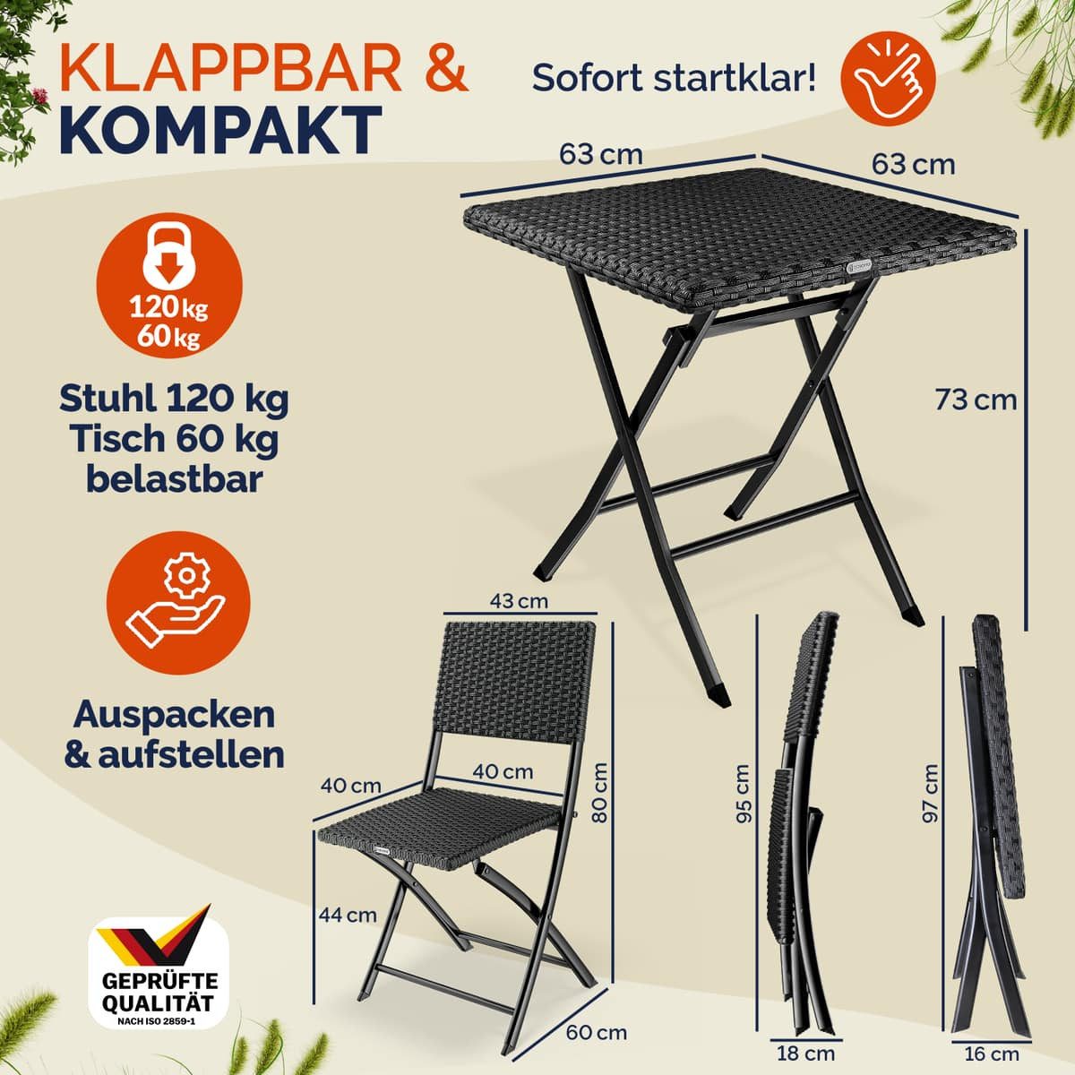 Casaria Balkonset Rom, Polyrattan 3 tlg. Klappbar Platzsparend 2 Personen Wetterfest Balkon