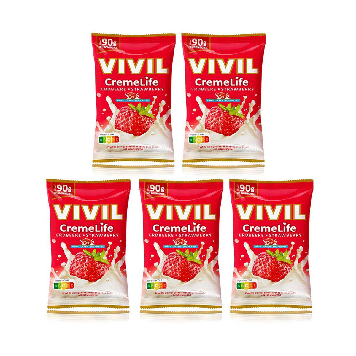 VIVIL Süßigkeit, Vivil Creme Life Erdbeer fruchtige Bonbons zuckerfrei 90g 5er Pack