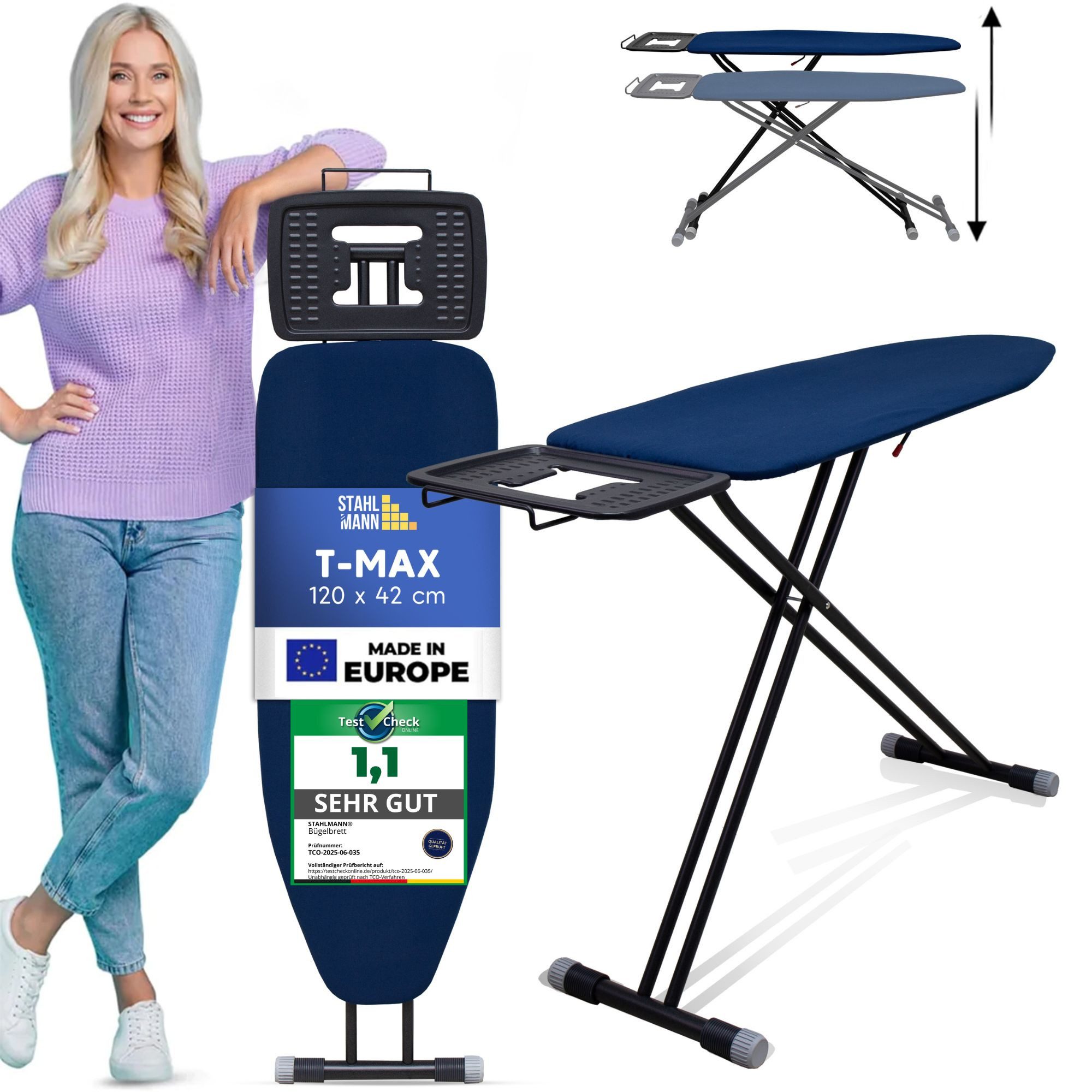STAHLMANN COMMERCE GmbH Bügelbrett STAHLMANN ® großes Bügelbrett [120x42 Bügelfläche], Bügelfläche 42x120 cm, extra stabiles Bügelbrett [Made IN Europe]