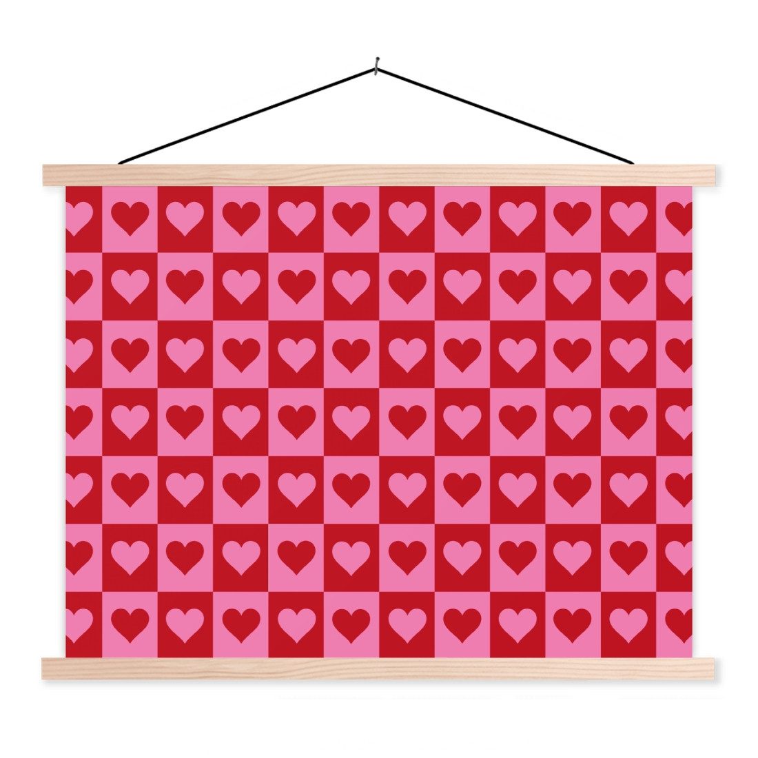 MuchoWow Poster Rot - Rosa - Schachbrett - Valentinstag, (1 St), Magnetische Posterleiste, Holzleisten, Textilposter, 120x90 cm