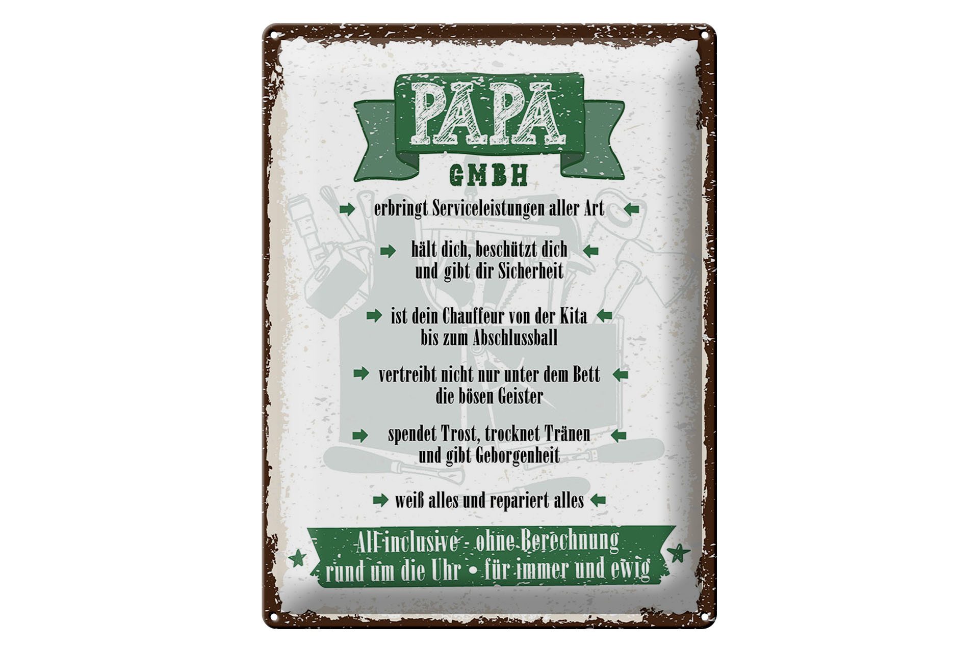 Femer GmbH Metallschild Spruch 30x40 cm PAPA GmbH Serviceleistungen aller Art, (1 St), gewölbte Oberfläche, abgerundete Ecken, umgeschlagene Kanten