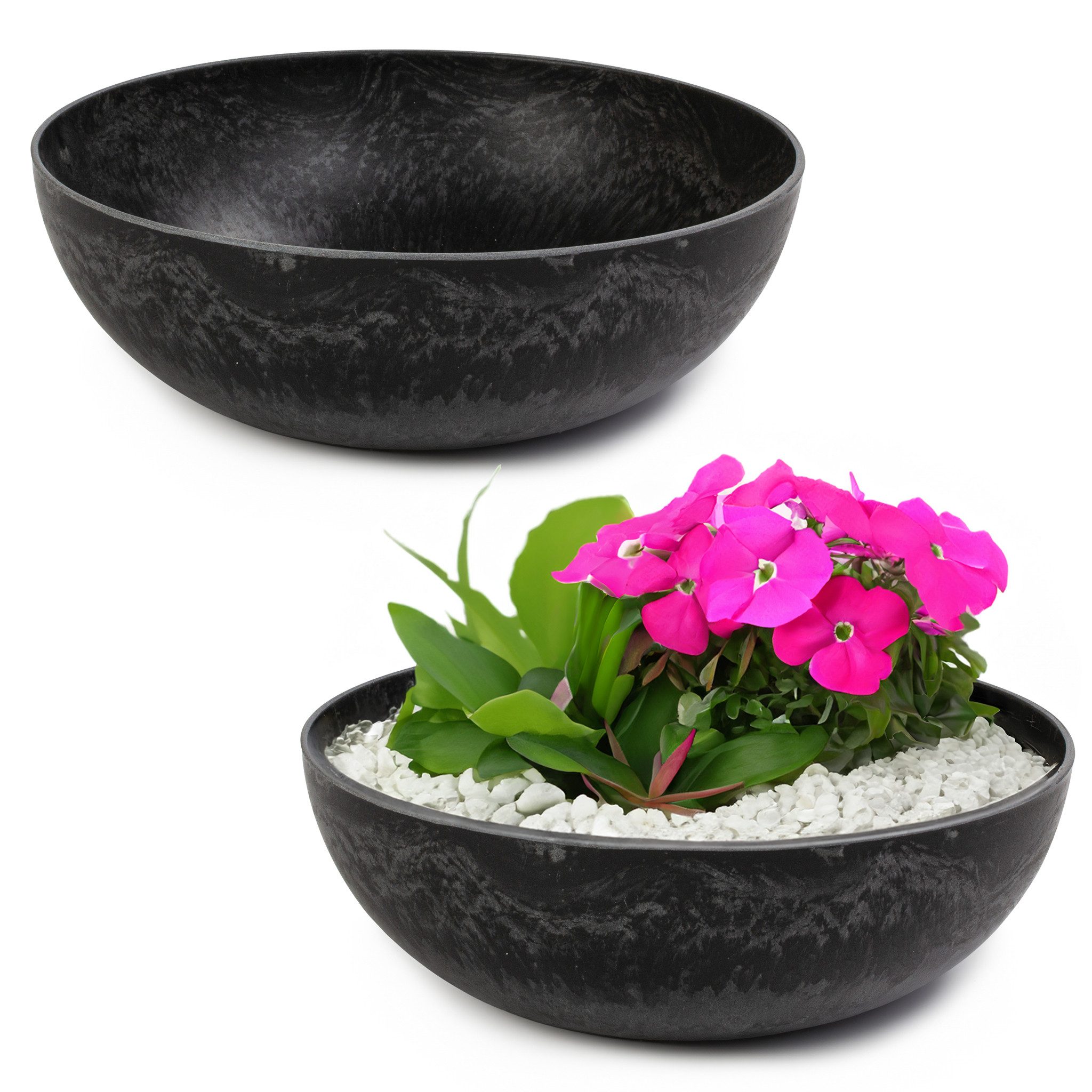 matches21 HOME & HOBBY Blumentopf Runde bauchige 25 cm Pflanzschale für draussen, schwarz marmoriert (2 St), Wetterfeste Blumen-Schale als moderne Gartendeko Grabschmuck
