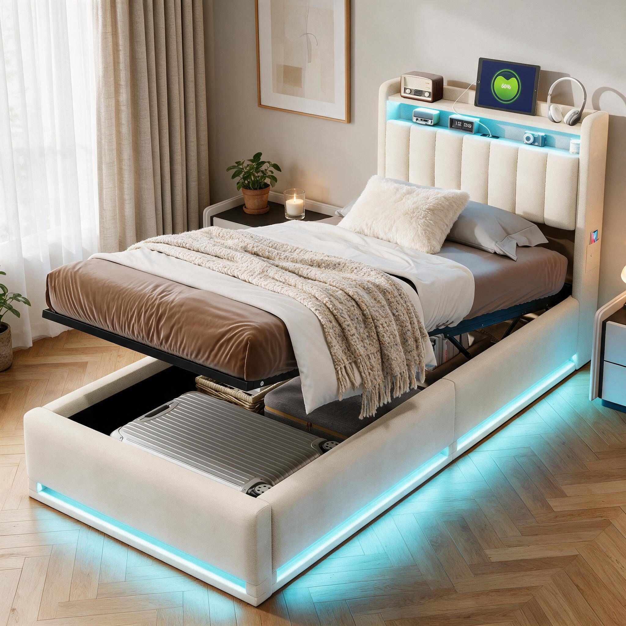 Simurq Stauraumbett Einzel‑Bettkasten 90x200, gepolstert aus Samt, mit Stauraum, LED, USB – Bild 2 von 5