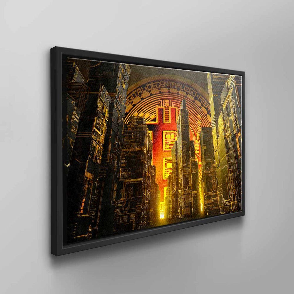 Wolkenkratzer Wandbild DOTCOMCANVAS® rot gold Rahmen Leinwandbild Bitcoin Matrix, Krypto schwarz Matri ohne Bitcoin Bitcoin