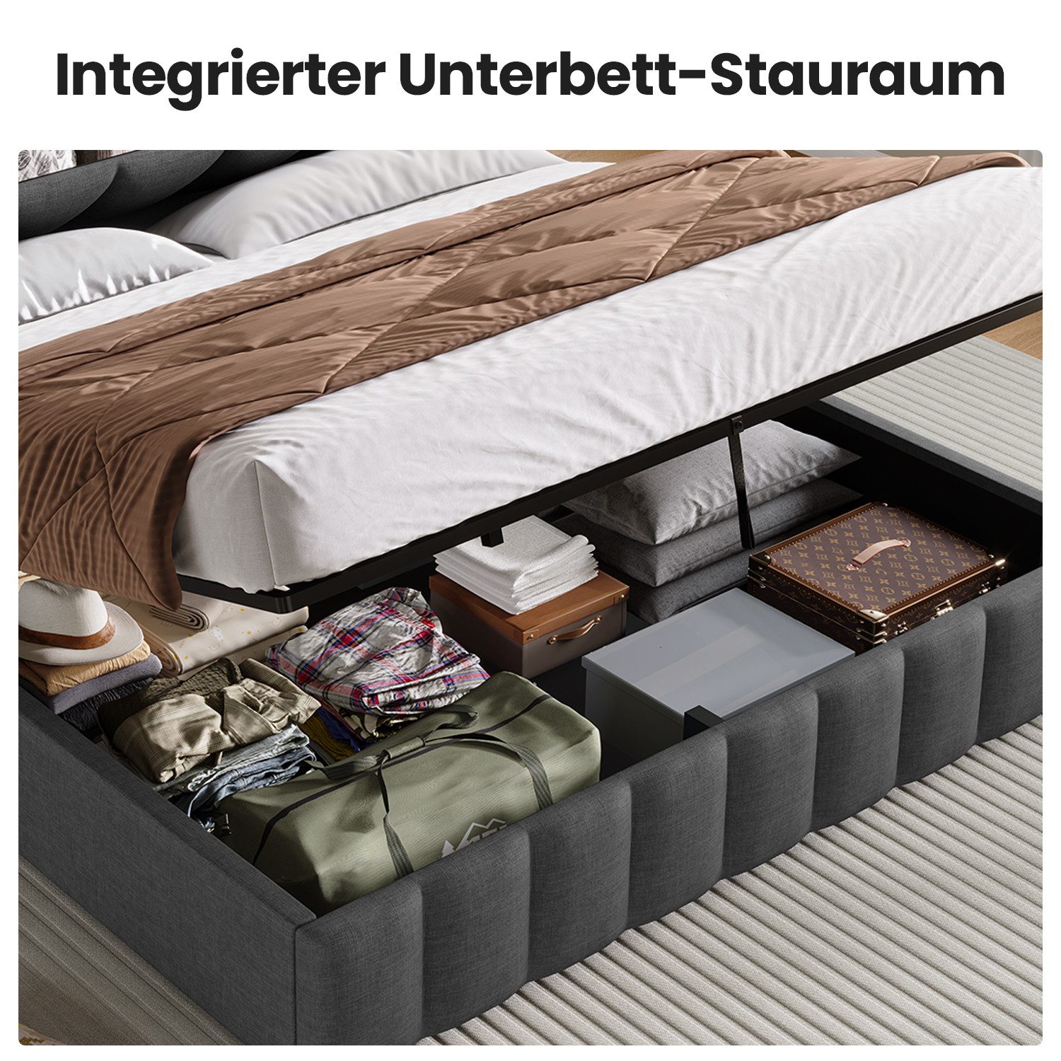 KIMENICH Polsterbett mit LED Beleuchtung und Ladefunktion (1-tlg., Ohne Matratze), Jugendbett Hydraulisches Stauraumbett, 160x200 cm – Bild 5 von 5