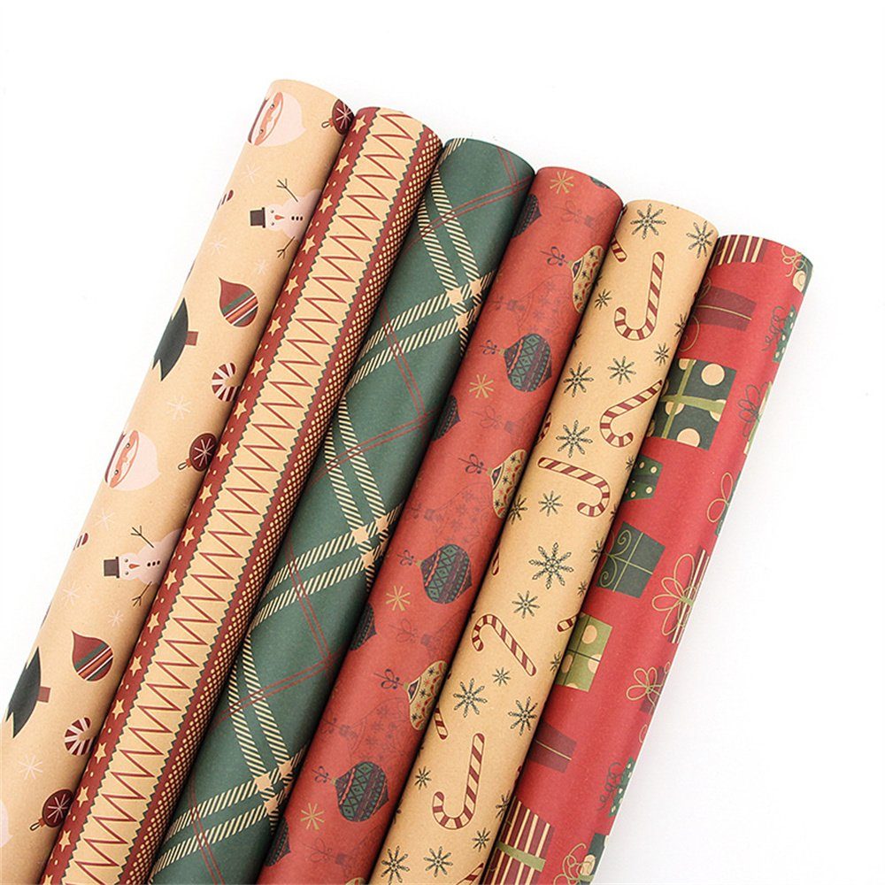 HALWEI Geschenkpapier Weihnachten Kraftpapier Geschenkpapier Set,6Blatt Geschenkpapier,50x70