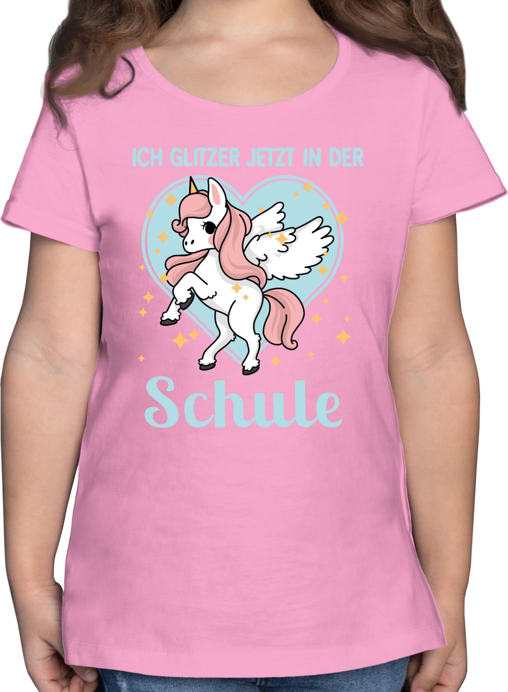 mit Herz T-Shirt Einschulung - in Einhorn der Glitzer Mädchen Ich Schule jetzt Rosa 2 Shirtracer