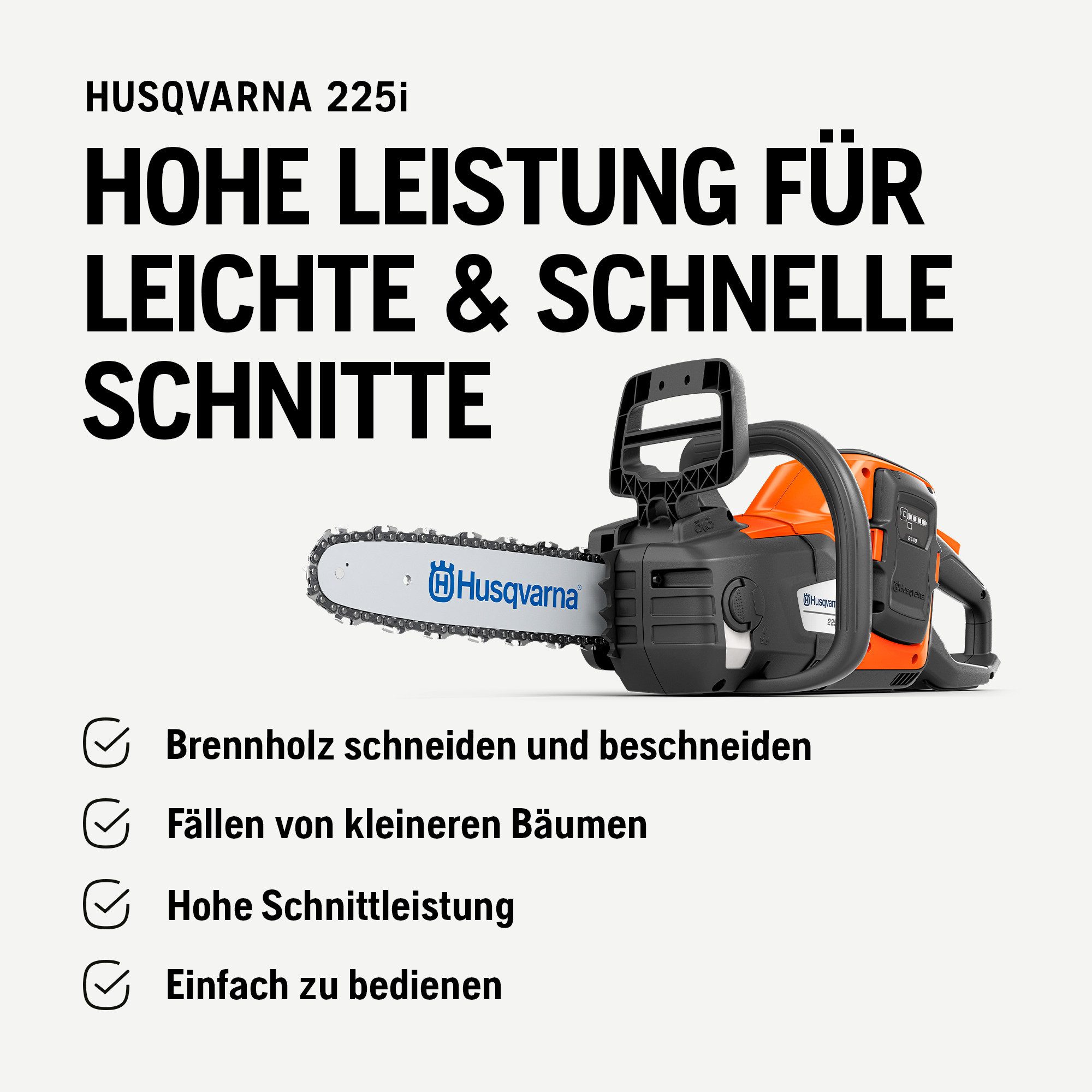 Husqvarna 225i cordless chainsaw, 35.6 cm bar length, excluding 36V battery and charger - Lightweight, cordless, quiet, 12″ bar