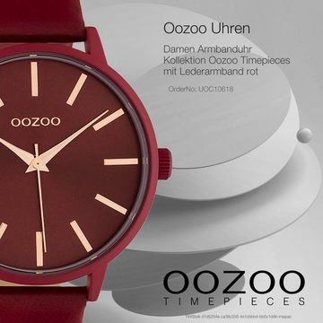 OOZOO Quarzuhr Oozoo Damen Armbanduhr rot, Damenuhr rund, groß (ca. 42mm) Lederarmband, Fashion-Style