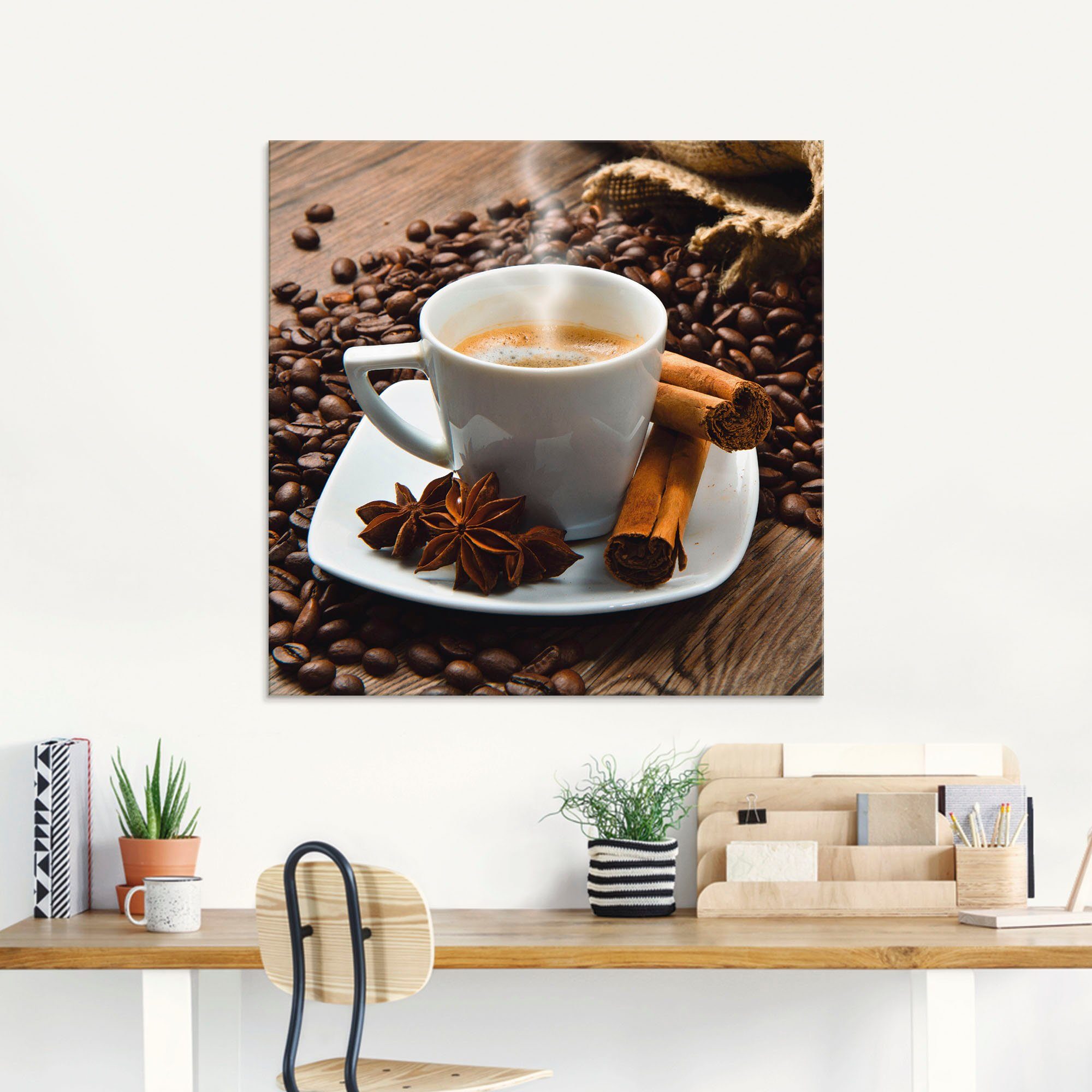 Artland Glasbild Kaffeetasse Leinensack mit Kaffeebohnen, Getränke (1 St), in verschiedenen Größen