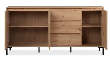 Finori Sideboard Korsika (Kommode in Eiche Artisan mit 3 Schubladen, 170 x 87 cm), Metallfüße in schwarz