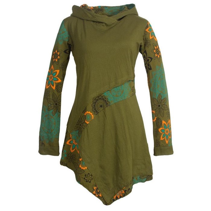 Vishes Jerseykleid Asymmetrisches Langarm Blumen-Kleid mit Kapuze Hippie Goa Ethno Elfen Style