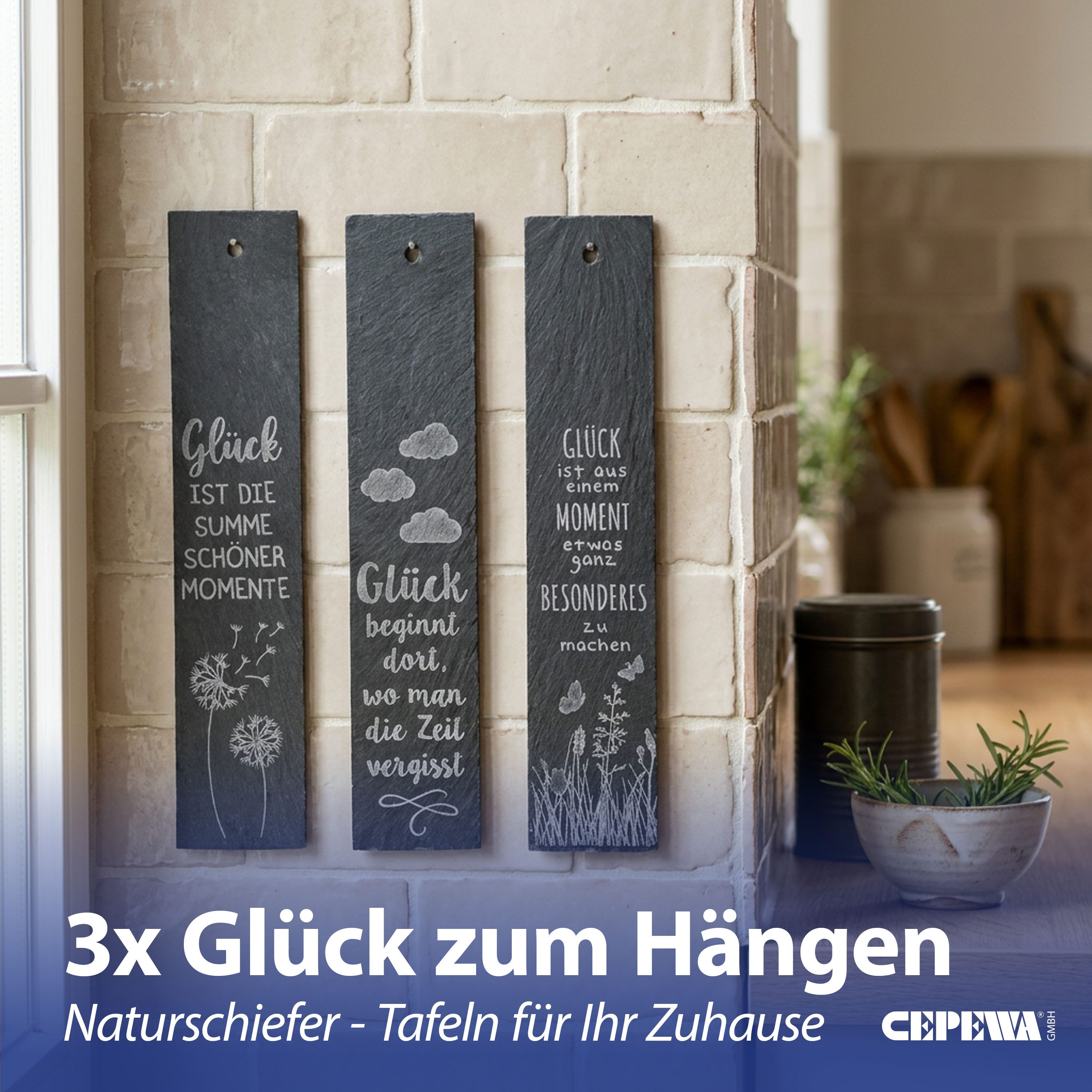 CEPEWA Hängedekoration Schiefertafel 'Glück' 3er Set 6x30x0,5cm Schiefer gelasert 3 Motive