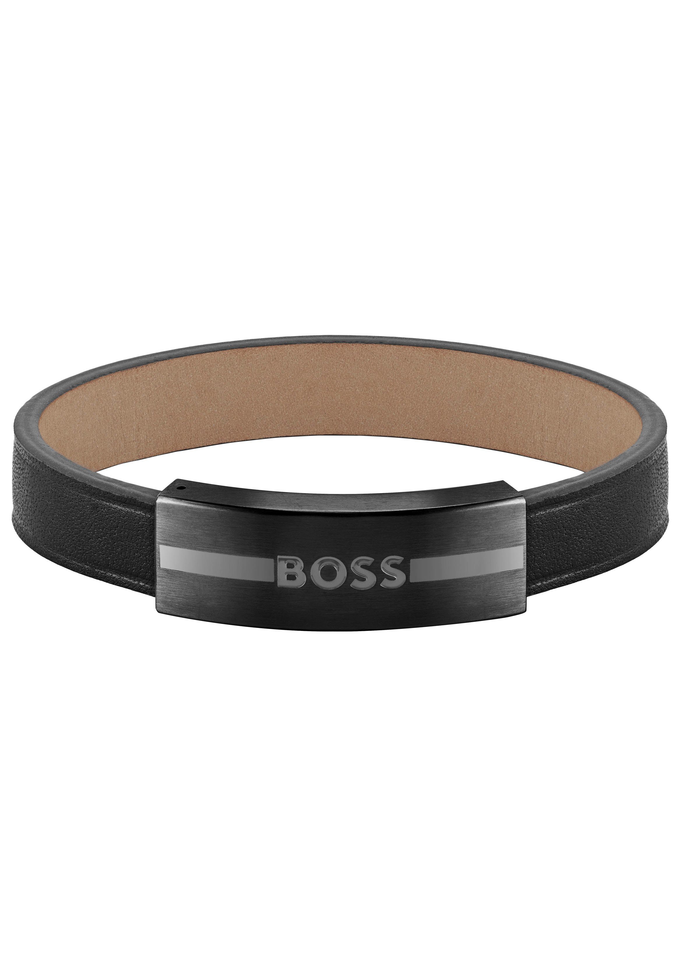 BOSS Armband Schmuck Edelstahl Armschmuck Lederarmband LUKE, zu Hoodie, Shirt, Jeans, Sneaker, Underwear, HUGO, BOSS ORANGE! schwarz-edelstahlfarben