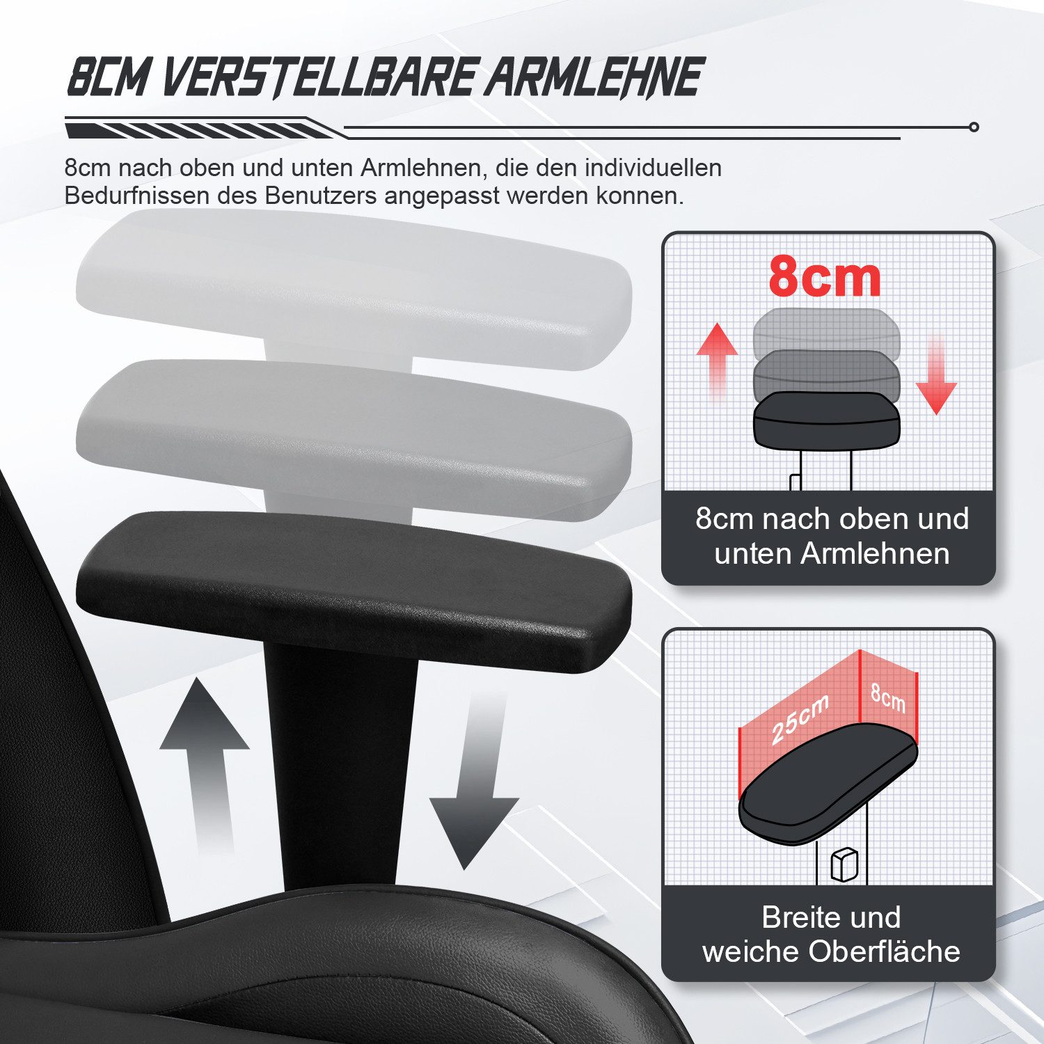 Homimaster Gaming-Stuhl Gaming Stuhl, Ergonomischer Bürostuhl,Gaming Chair mit Wippfunktion (Mit verstellbarem Lendenkissen, Kopfstütze und Armlehnen, gepolster – Bild 5 von 5