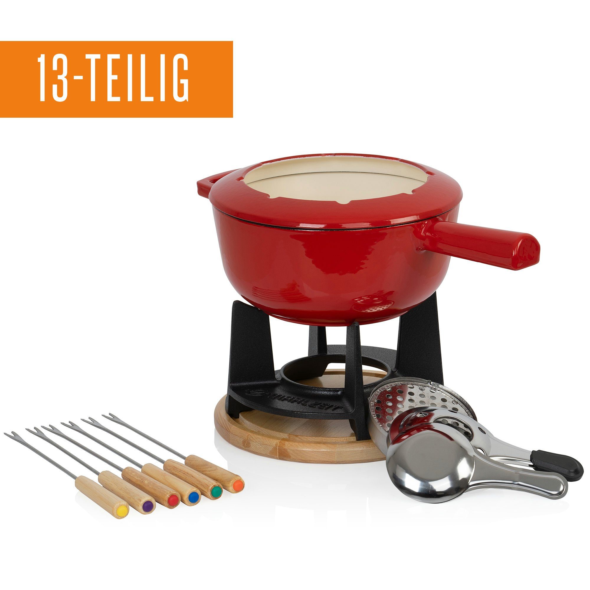 Mahlzeit Fondue 13-teiliges Gusseisen Fondue Set für 6 Personen, 2 L, emailliert, 6 Fonduegabeln, 2.00 l, für Käsefondue, Schokoladenfondue, Fleischfondue