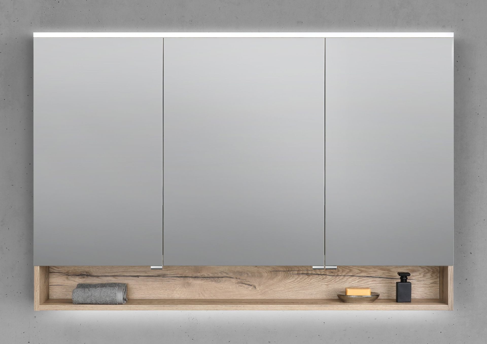Intarbad Badezimmerspiegelschrank 3-türiger Spiegelschrank mit offenem Fach, MULTI LED Beleuchtung (Doppelspiegeltüren, Holz-/ Lackdekore, Maße von 90 bis 180 cm wählbar, Höhe 86 cm, Glasfachböden, Magnetleiste & Kosmetikspiegel Ø 12 cm) Vormontierte Lieferung, Floatglas, 160 kg Traglast, Made in Germany