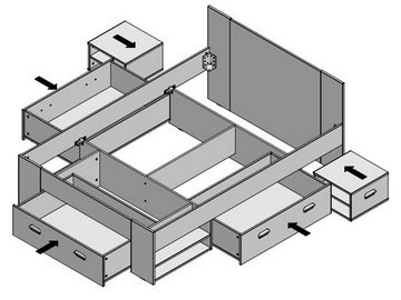 möbelando Bett Belfast, Modernes Bett aus Spanplatte in Betonoptik Lichtgrau, Absetzungen in Weiß mit 3 Schubkästen, 4 offenen Fächern und 2 ausziehbaren Nachttischen, Liegefläche 140x200. Breite 203,6, Höhe 86 cm, Tiefe 143,4 cm