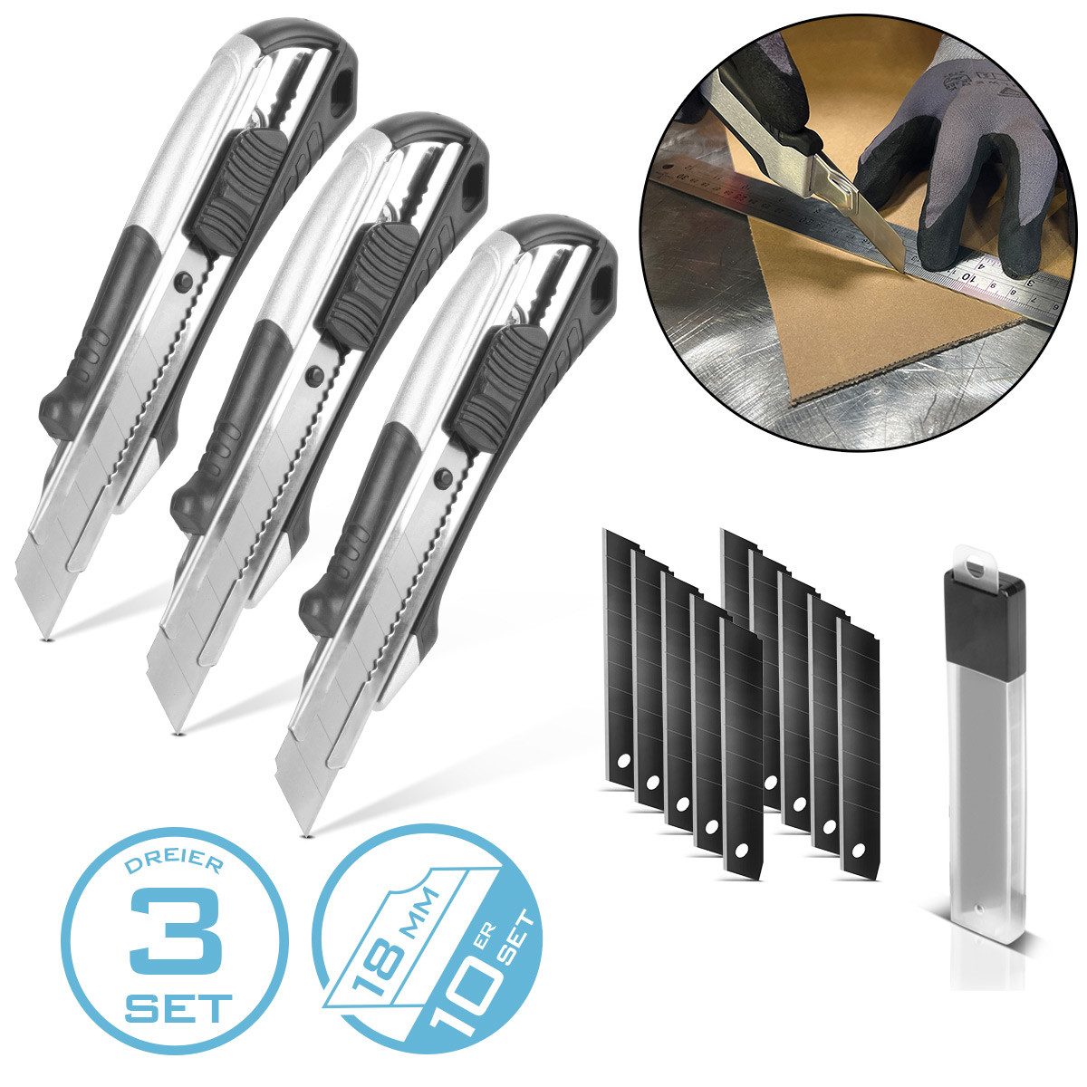 STAHLWERK Резакиmesser Premium-Cuttermesser PCM-182 ST 3er Set mit 18 mm, (Packung, 3-tlg., Set), mit 18 mm Abbrechklingen Profi Резаки