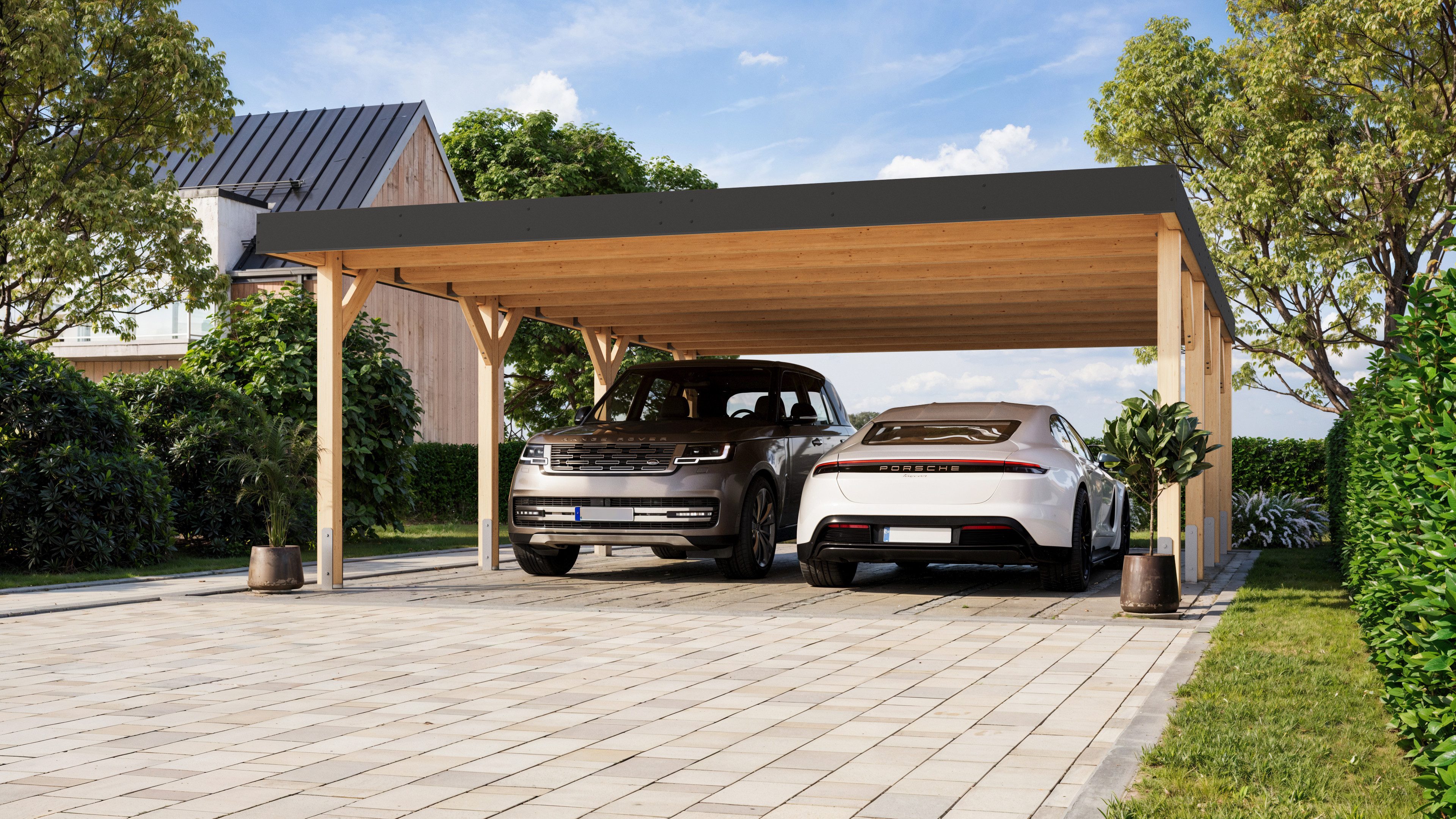 Karibu Doppelcarport, BxT: 552x724 cm, 211,5 cm Einfahrtshöhe, aus kesseldruckimprägniertem Massivholz