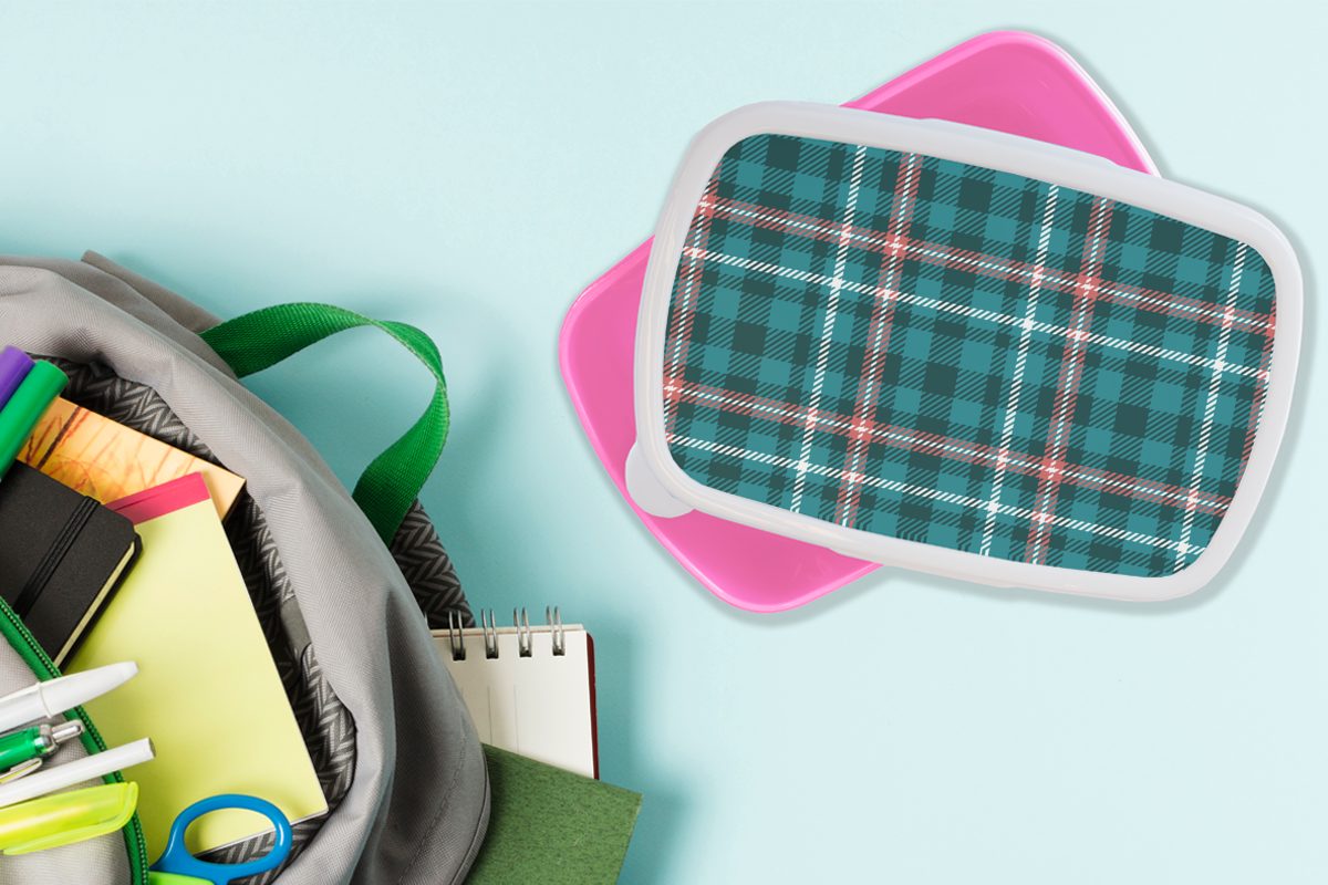 MuchoWow Lunchbox Kariert - Tartan rosa, - Brotdose - für Mädchen, Muster Kinder, Kunststoff, - Erwachsene, Snackbox, Brotbox (2-tlg), blau Kunststoff