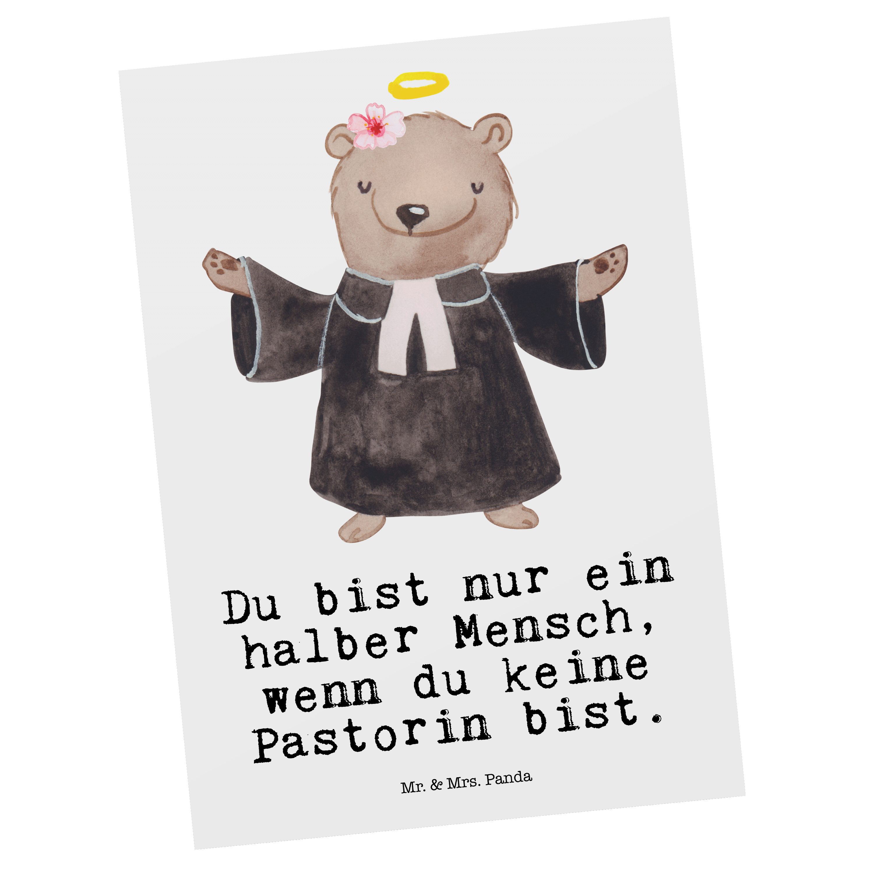 Mr. & Mrs. Panda Postkarte Pastorin mit Herz - Weiß - Geschenk, Ansichtskarte, Arbeitskollege, T