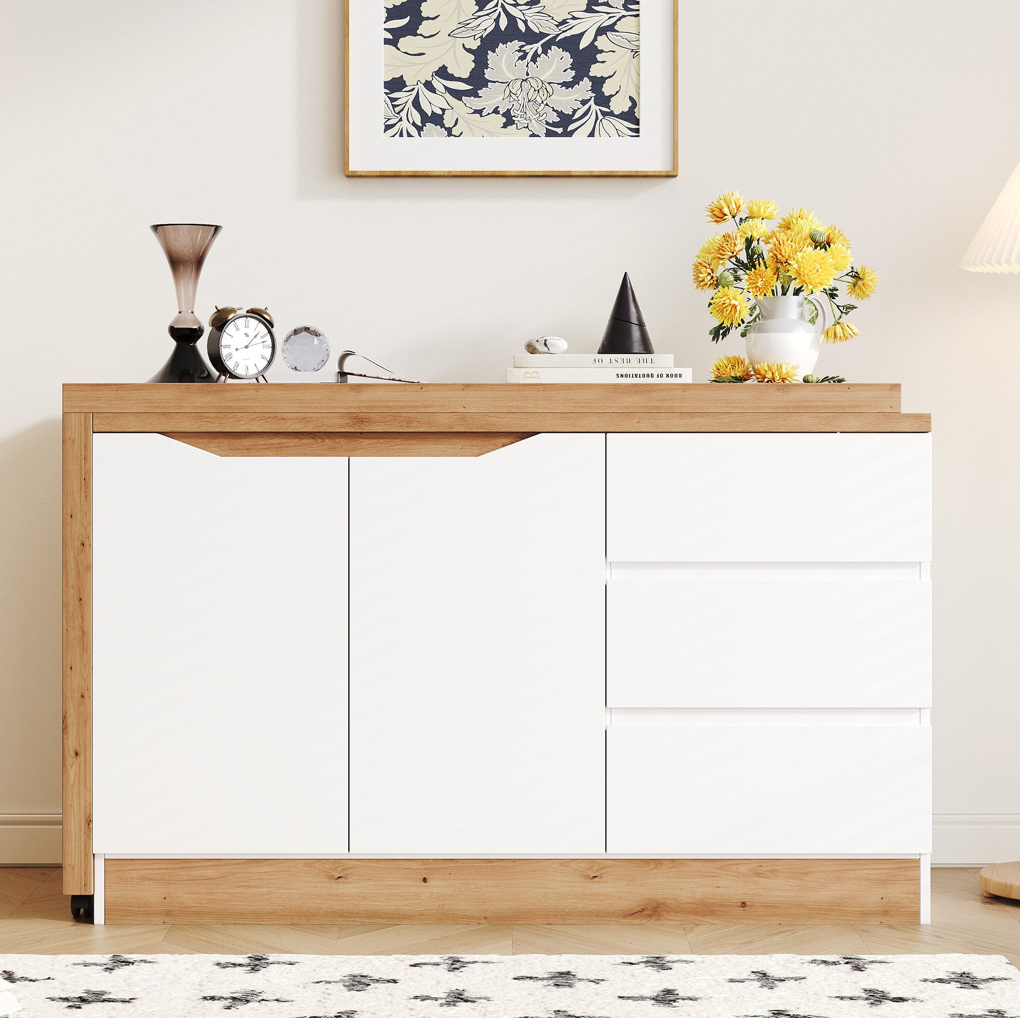 REDOM Eckschreibtisch Design-Tisch – drehbar, klappbar & mit Rollen (Packung, 1-St., Natur+Weiß, 120×78×50 cm, für moderne Räume), 4 cm dicke Platte, Natur-Weiß-Optik, vielseitig