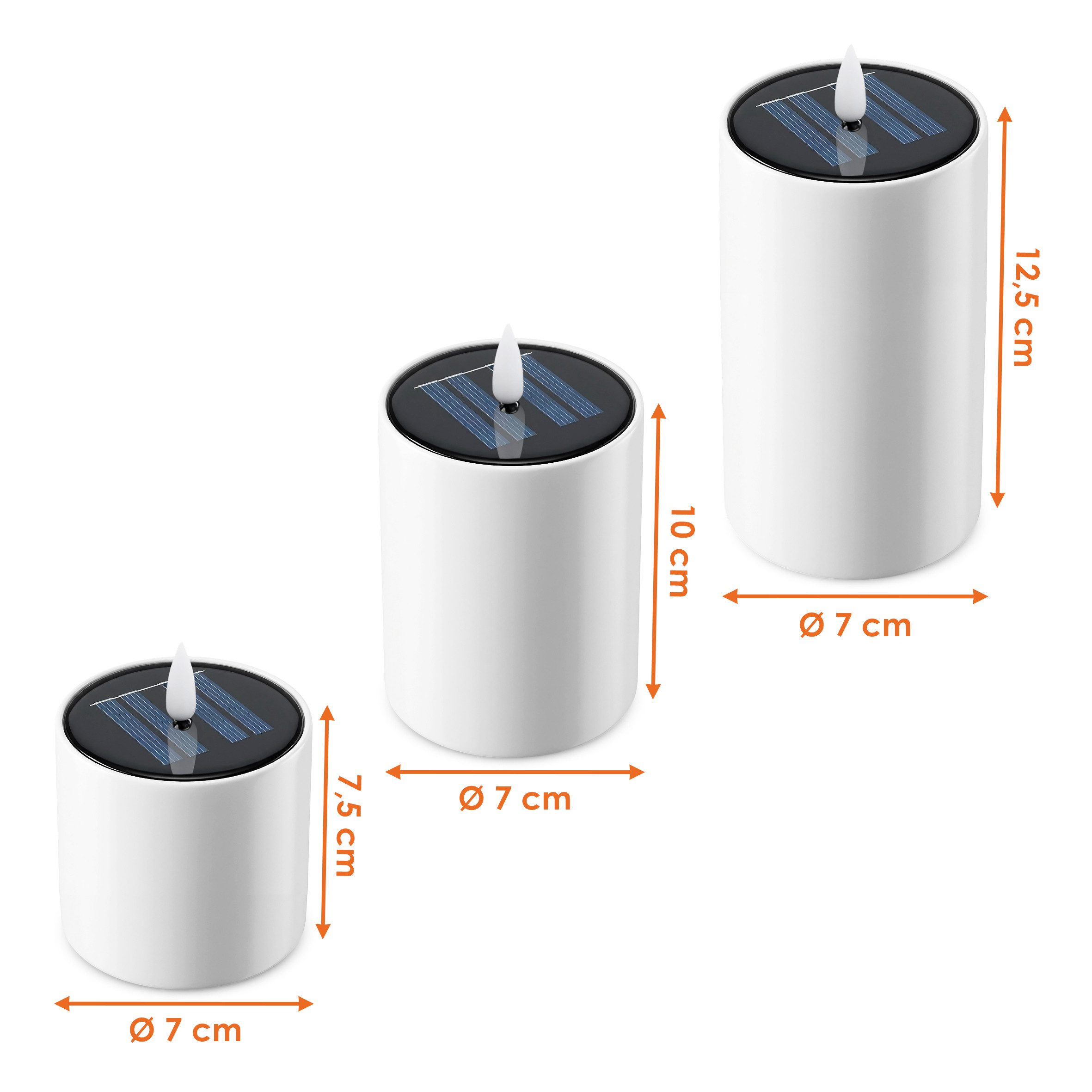 Spetebo LED-Kerze Solar LED Stumpenkerzen mit Flammen Effekt 3er Set (Anzahl, 1-tlg., Stück), realistischem Flammen Effekt