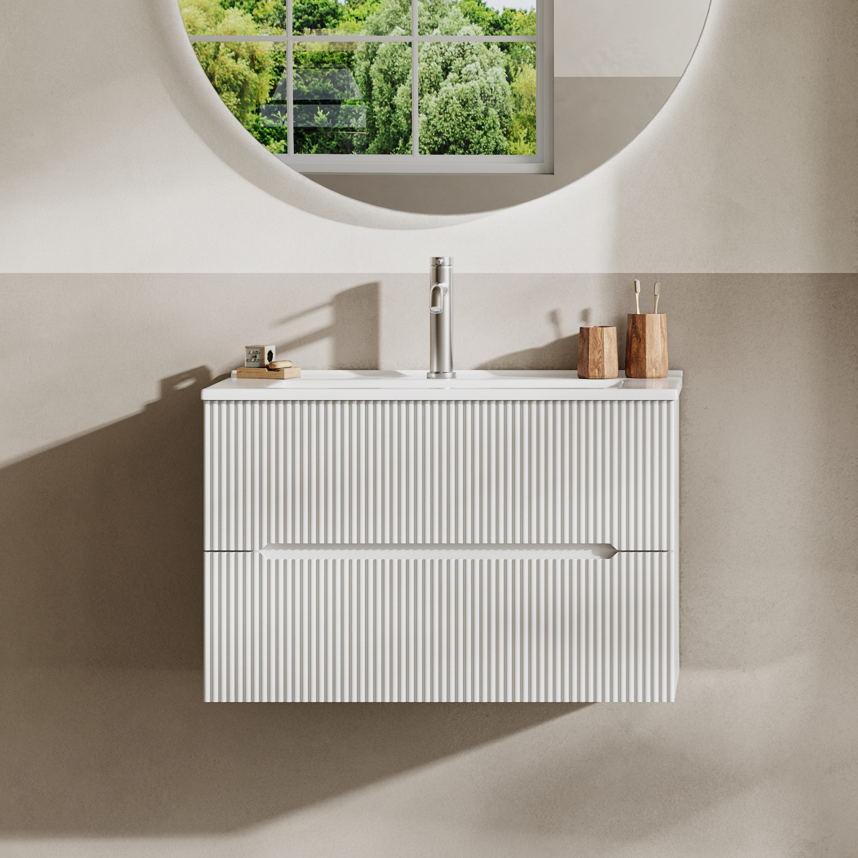 BRIDGE BENO Wandhängeschrank 61 cm Breiter Wandschrank Mit Keramikwaschbecken, 2 Schubladen, 1-tlg., geeignet Für Kleine Badezimmer/gäste-Wcs