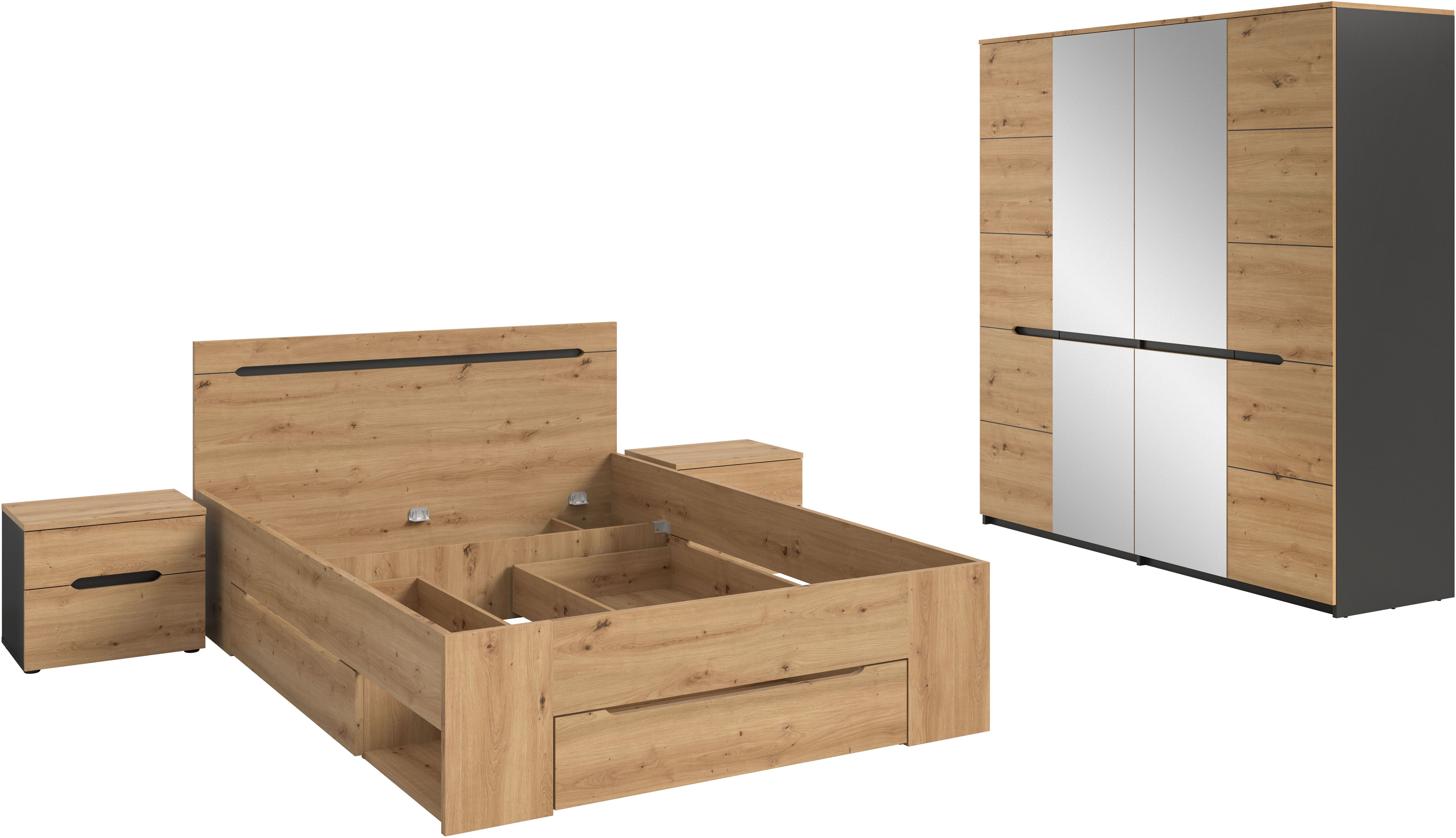 Home affaire Schlafzimmer-Set REHAT, 4-teilig, best. aus: Bett, Kleiderschrank & 2x Nachtkommode, (4-tlg., TOPSELLER!, für Matratzengröße 140x200 cm, viel Stauraum), Rehat, Schlafzimmerset, Bett 140x200 cm, Nachttische, 1 Kleiderschrank