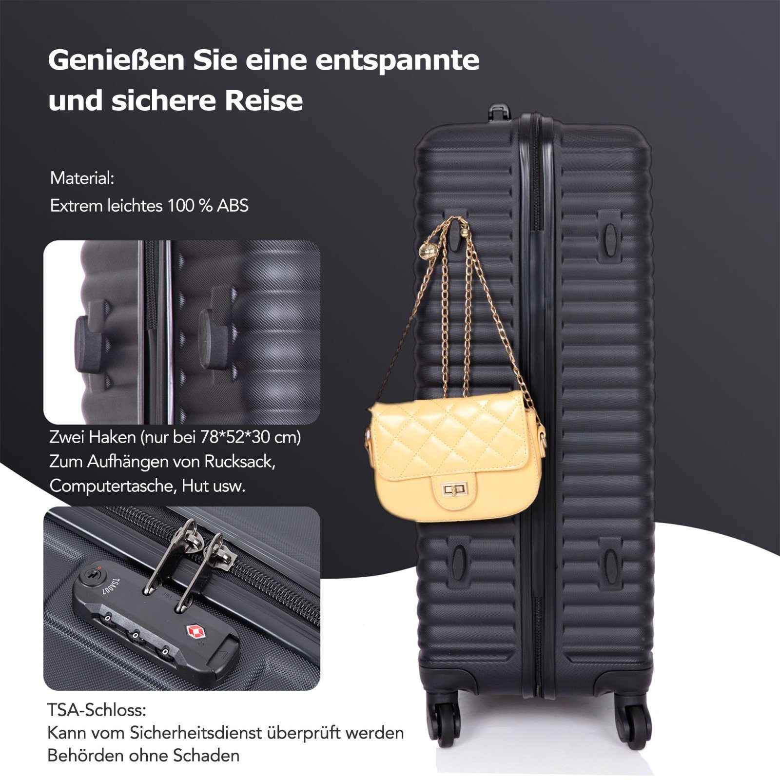 4 Rollkoffer Set Zollschloss TSA Schwarz SEEZSSA Koffer-Set Handgepäck Trolley Hartschalen M-L-XL, 3-teiliges Kofferset Rollen Reisekoffer, Koffer ABS-Material