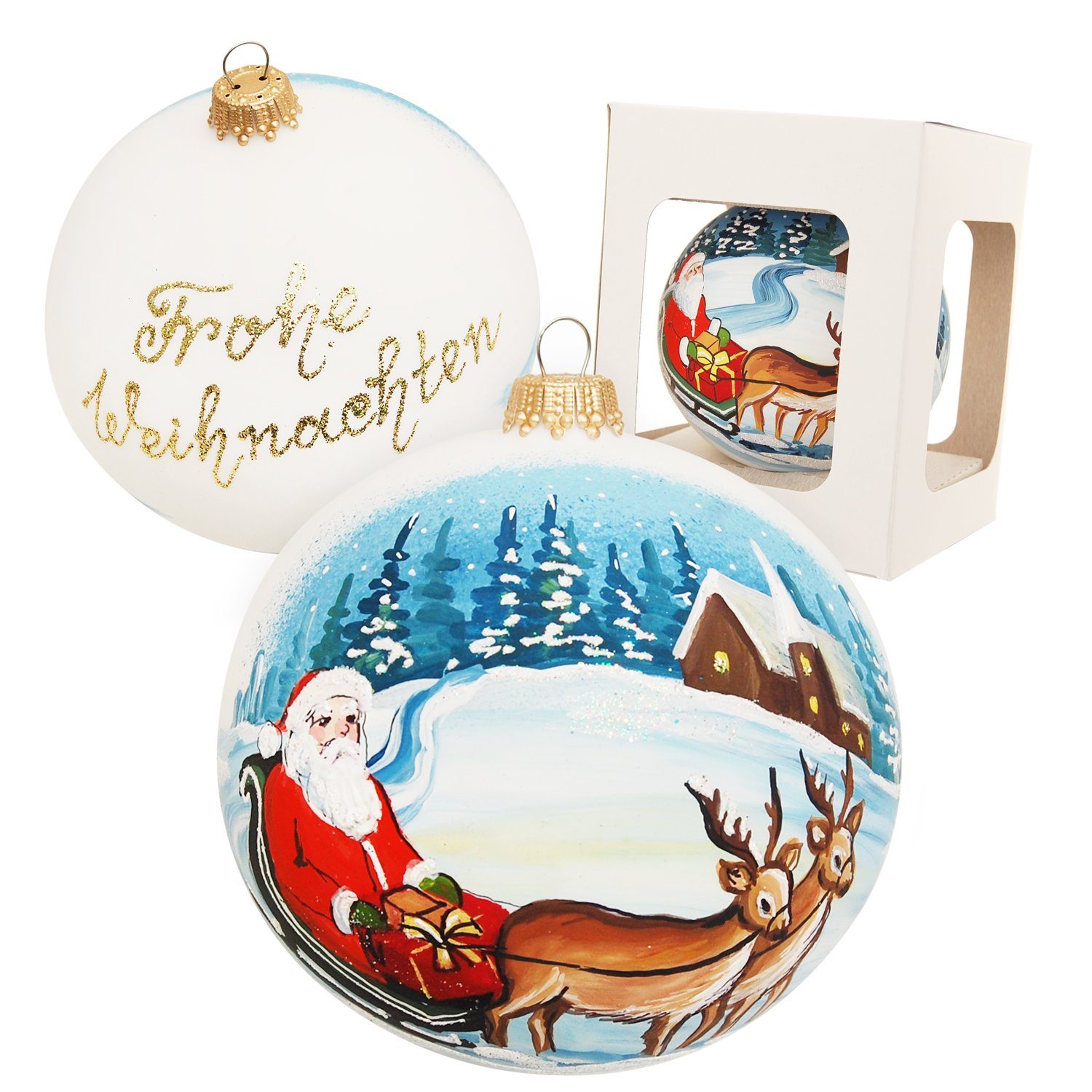 Krebs Glas Lauscha Christbaumschmuck Geschenkugel "Weihnachtsmann auf Schlitten" & "Frohe Weihnachten" (Rü (1-tlg)