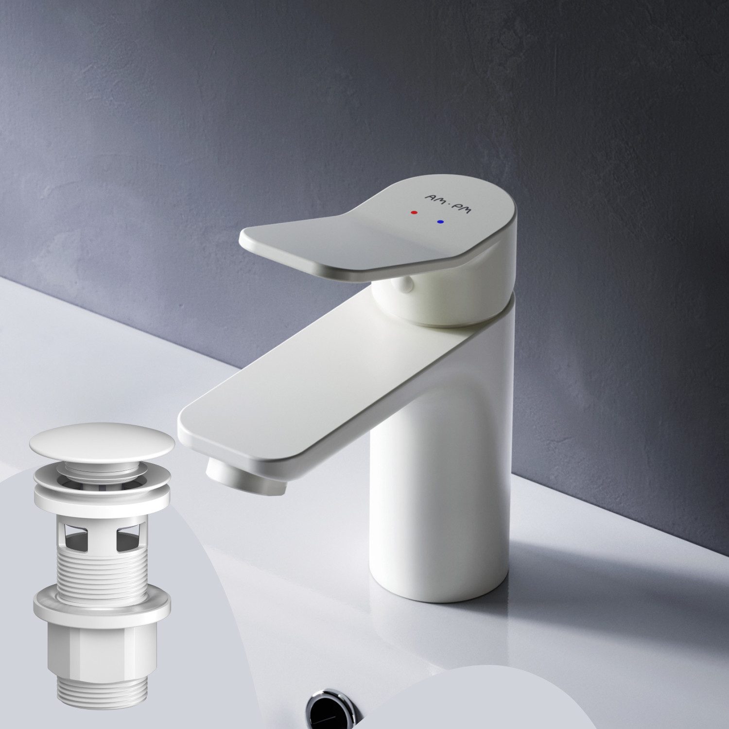 AM.PM Waschtischarmatur Bad Armatur X-JOY Bad-Armatur mit Klick-Ablaufgarnitur Wasserhahn (Waschbeckenarmatur Mischarmatur, Mischbatterie inkl. 2 x G 3/8-Anschluss, Farbe: Weiß) Einhebelmischer für warmes und kaltes Wasser