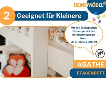 Deine Möbel 24 Etagenbett Hochbett Kinderbett AGATHE für 2 Kinder 90x200 WEISS aus Massivholz (in 2 Einzelbetten umbaubar, mit Rausfallschutz), Matratzen optional, Bett Stockbett aus Vollholz Kiefernholz