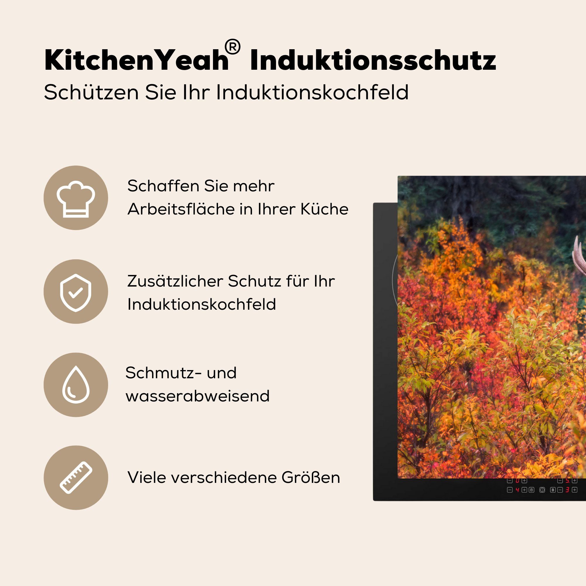 Elch MuchoWow Blumen Beerensträuchern, (1 und 81x52 Ein küche, die Schutz cm, für Vinyl, tlg), Herdblende-/Abdeckplatte bunten Ceranfeldabdeckung zwischen Induktionskochfeld