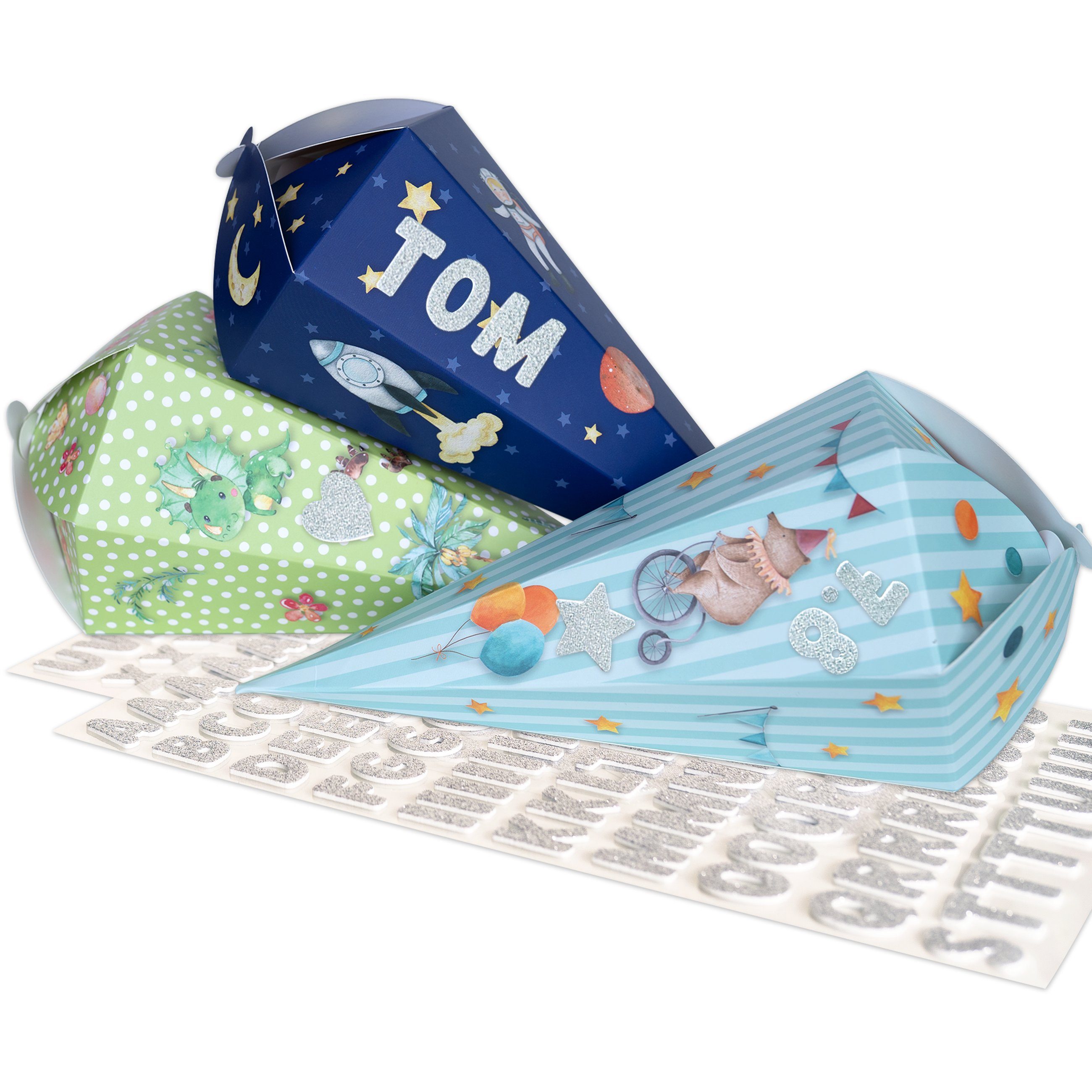 PAPIERDRACHEN Schultüte 3 Schultüten - auch als Geschwistertüten - verschiedene Designs, Schulanfang