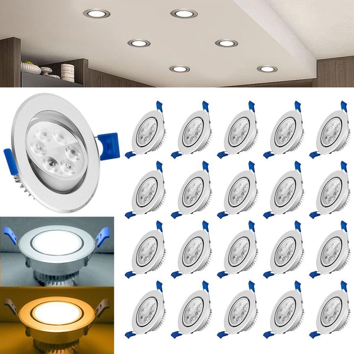 LETGOSPT LED Einbauleuchte 3W LED fest Set, 35mm, LED integriert, Ultra Aluminium Wohnzimmer, Küche Ø8,3cm, für und Warmweiß Bad 20er Schlafzimmer Deckenspot Flach Einbauleuchten