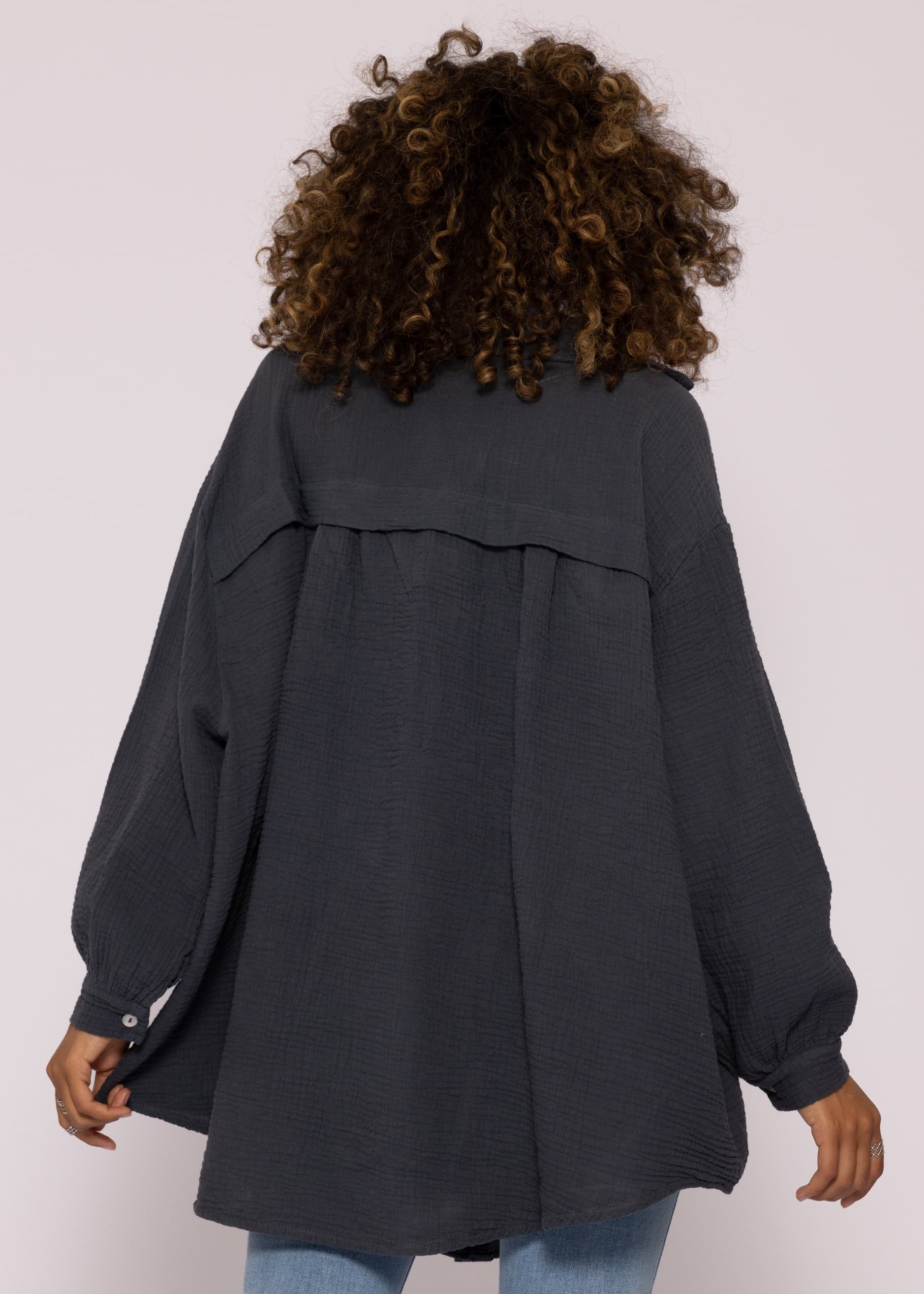 Bluse One Longbluse Baumwolle mit (Gr. 36-48) Dunkelgrau Damen V-Ausschnitt, Langarm lang Musselin Oversize Size aus SASSYCLASSY Hemdbluse